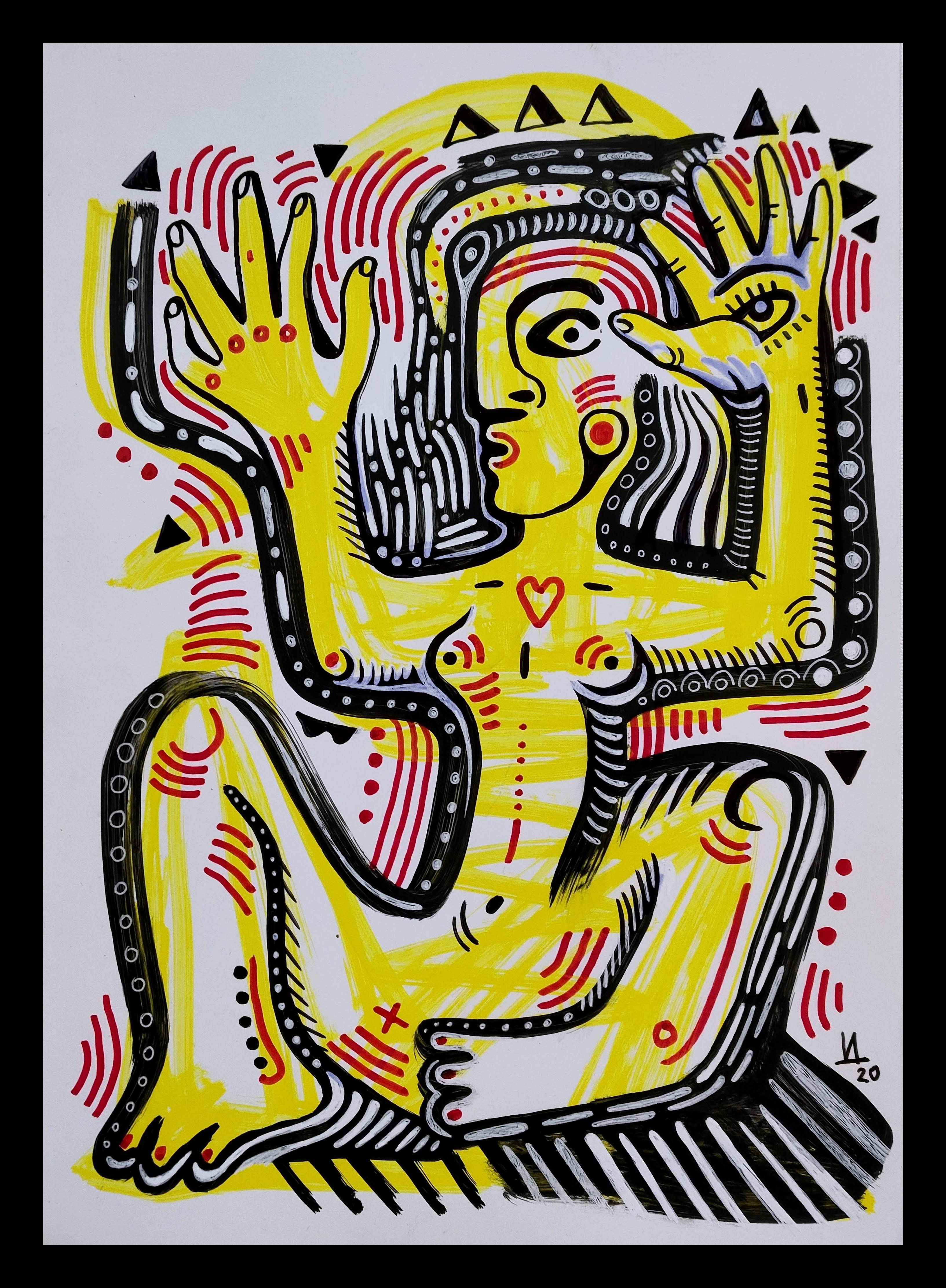 SHAMAN - Gray Figurative Painting by Daria Kusto