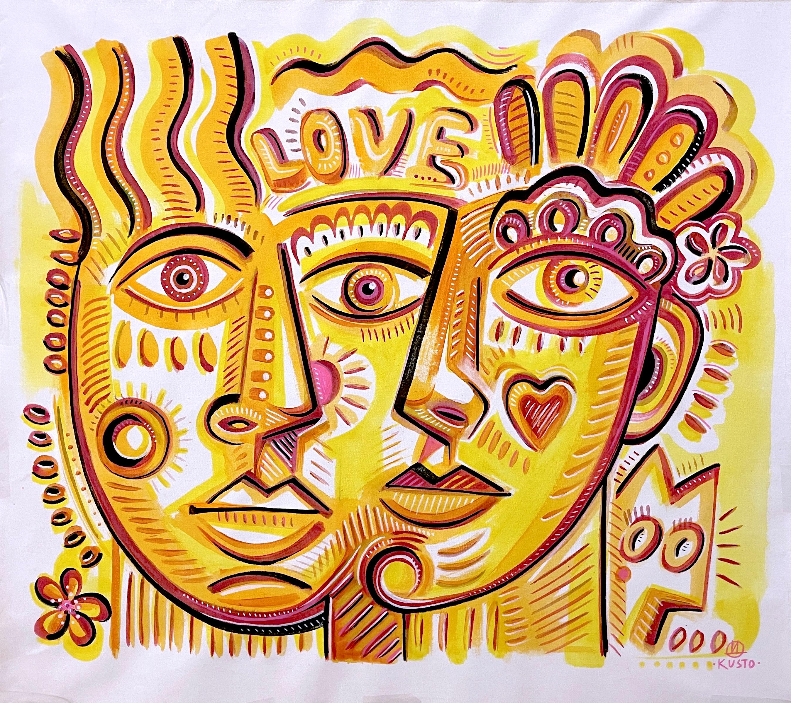 LA FAMILIA DE LA LUZ  pintura acrílica sobre lienzo - Figurative Painting Naranja de Daria Kusto