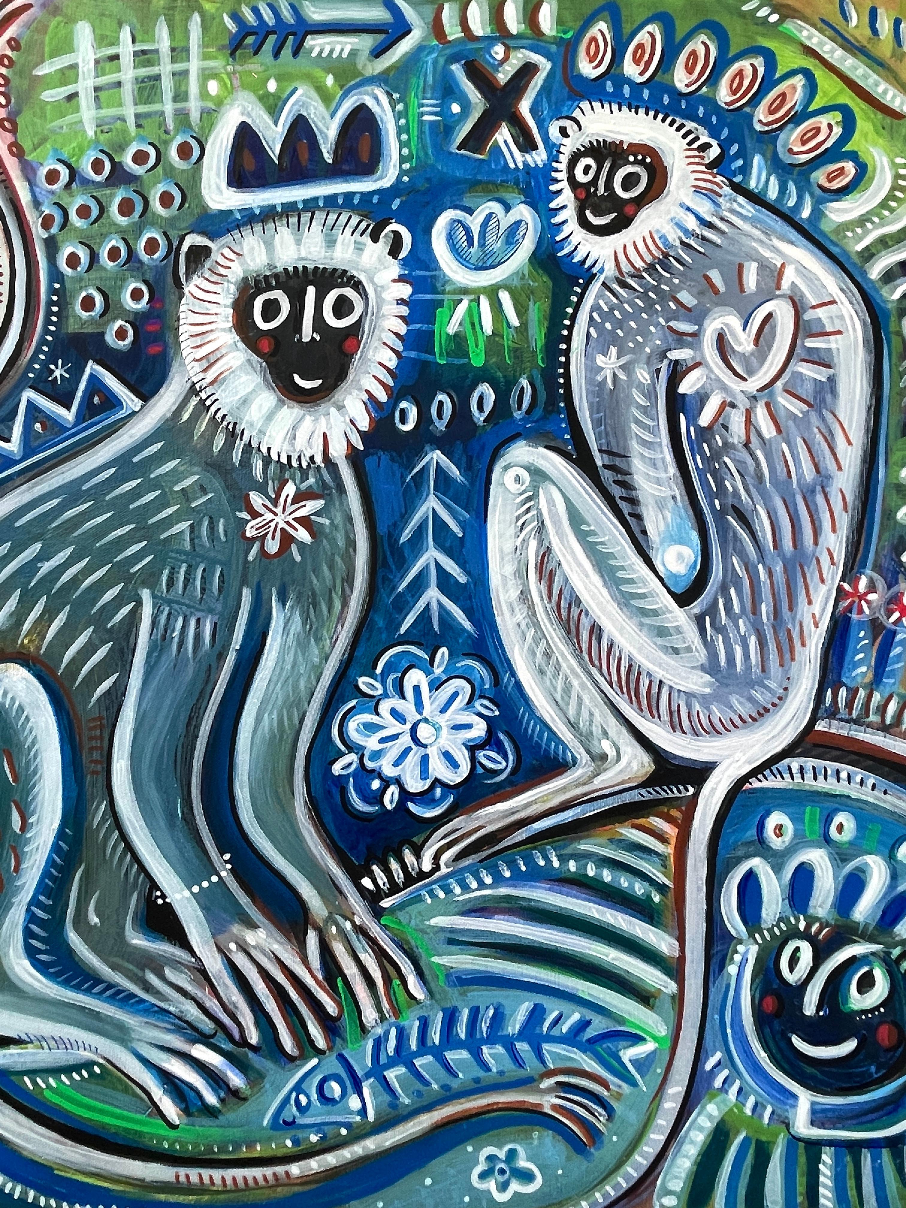 TRES MONOS - Animal Painting Azul de Daria Kusto