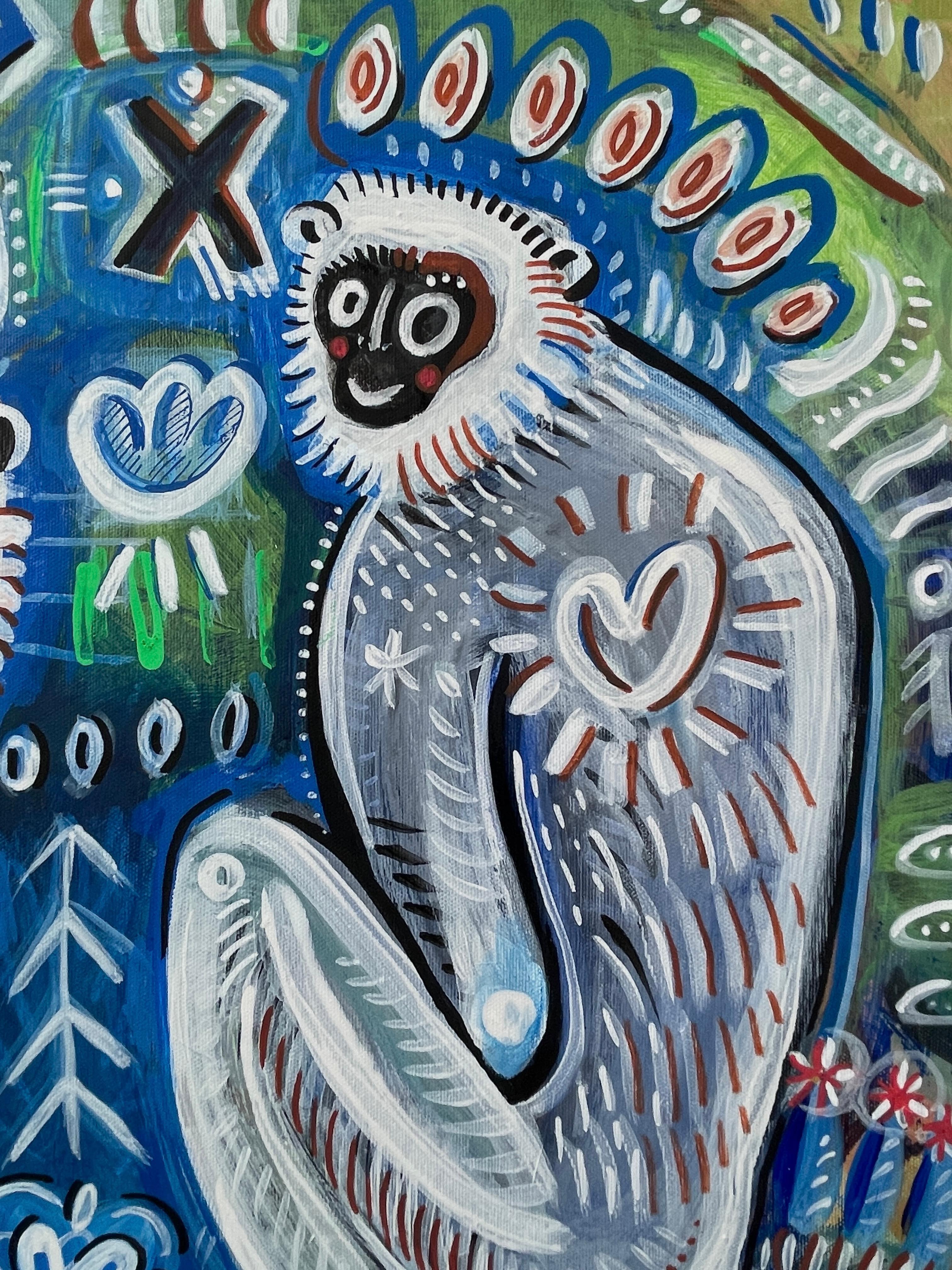 Pintura original de Daria Kusto.
acrílico sobre lienzo.
La realidad del flujo mágico...

En esta obra, los tres monos son algo más que criaturas juguetonas: sirven como figuras simbólicas. Sobre un fondo ricamente decorado, se hacen eco del antiguo