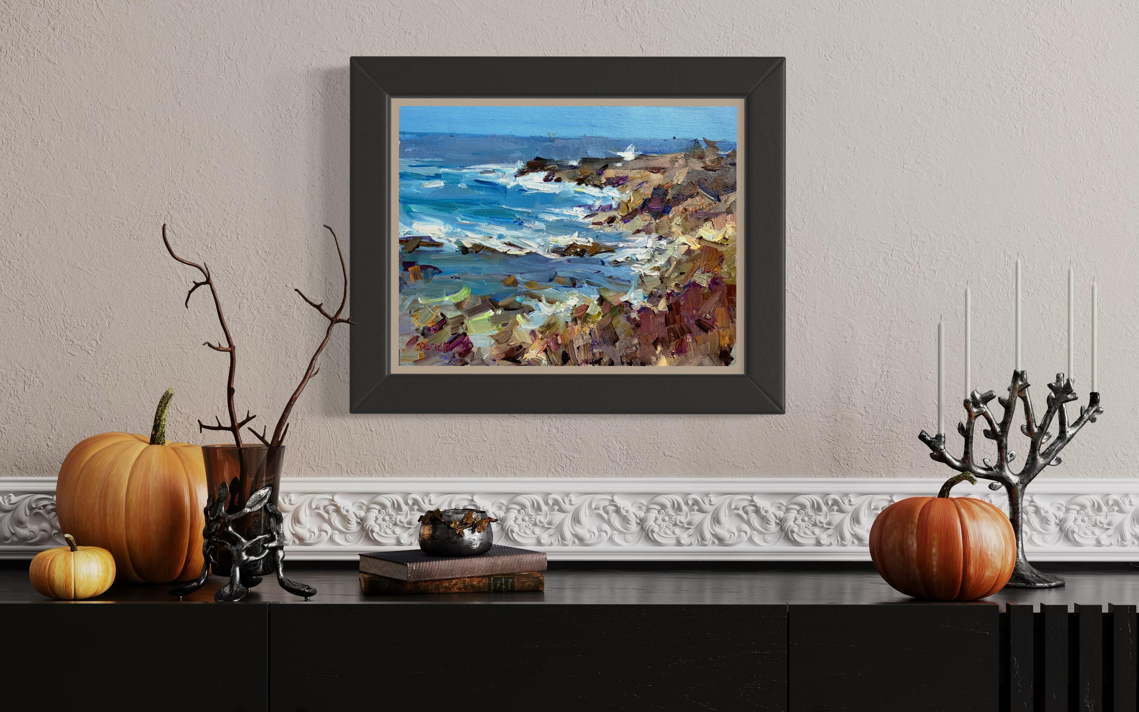 Questo piccolo studio plein air è stato dipinto durante un forte vento, quando l'oceano era in costante movimento. Le onde, l'aria, gli spruzzi e le rocce costiere si muovevano insieme come se formassero un unico organismo vivente che si muoveva,