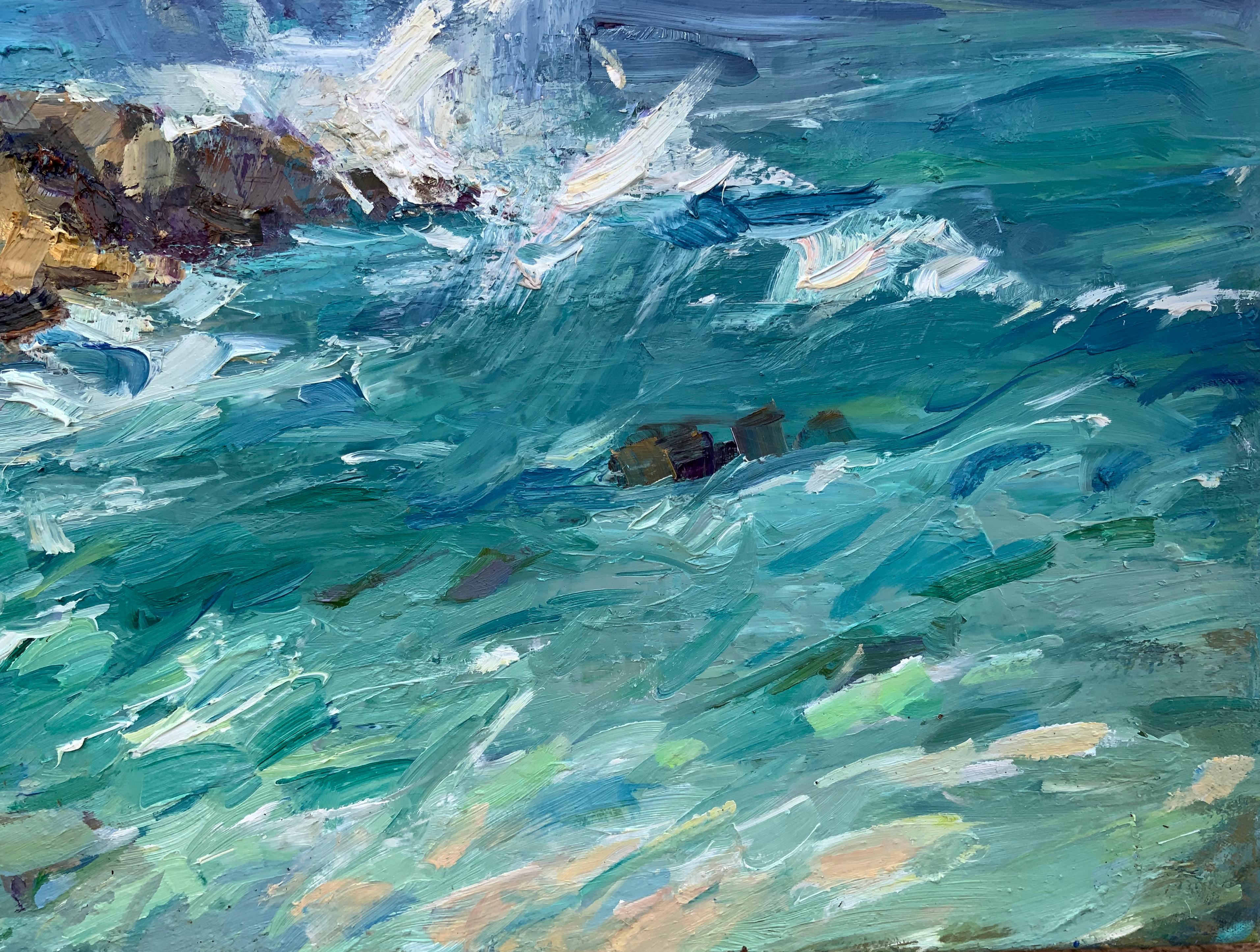Un nouveau jour au-dessus de l'océan - Bleu Landscape Painting par Daria Molostnova