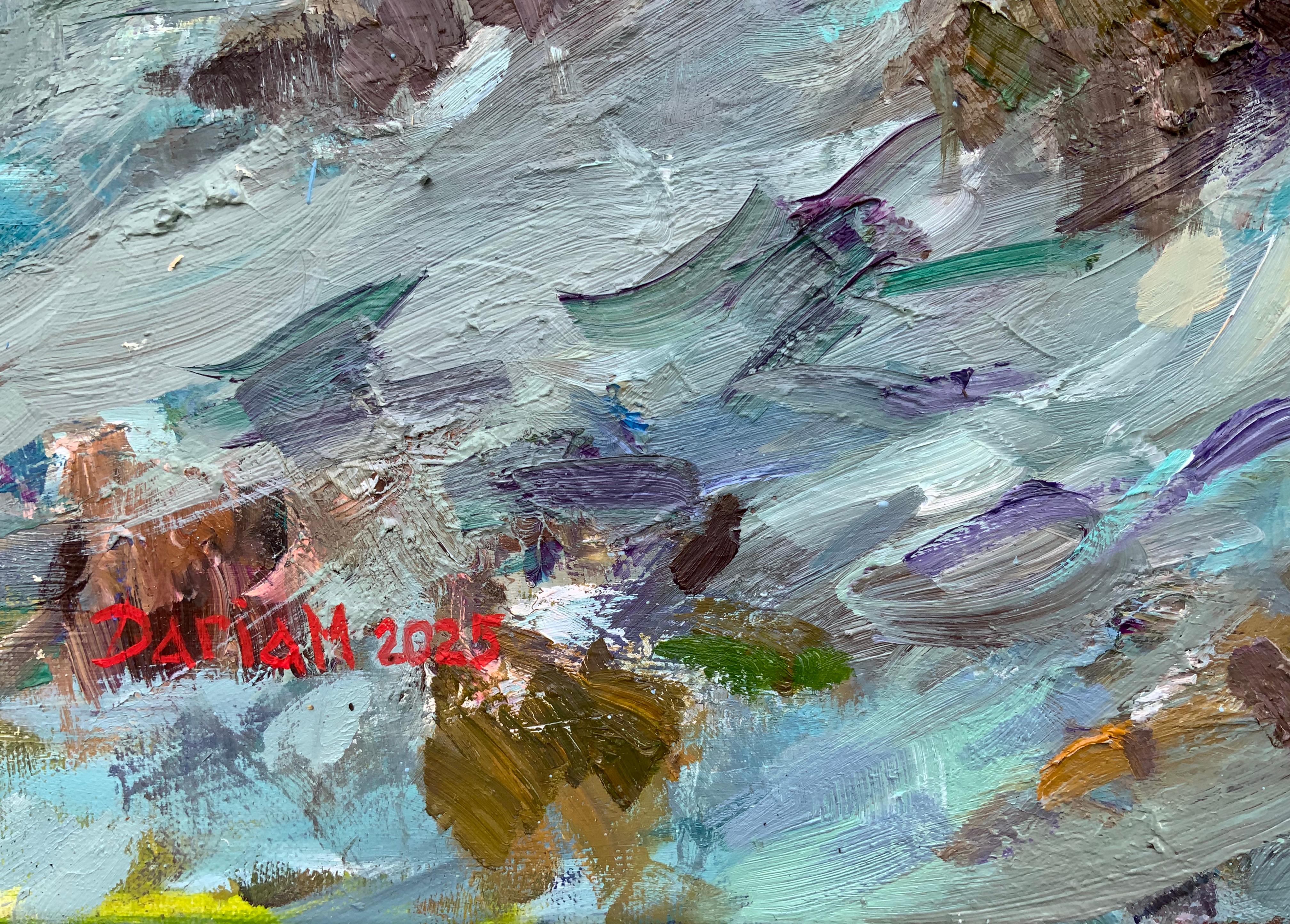 A New Day over the Ocean. Ocean, winter storm, big waves, Oahu, seascape - Painting by Daria Molostnova