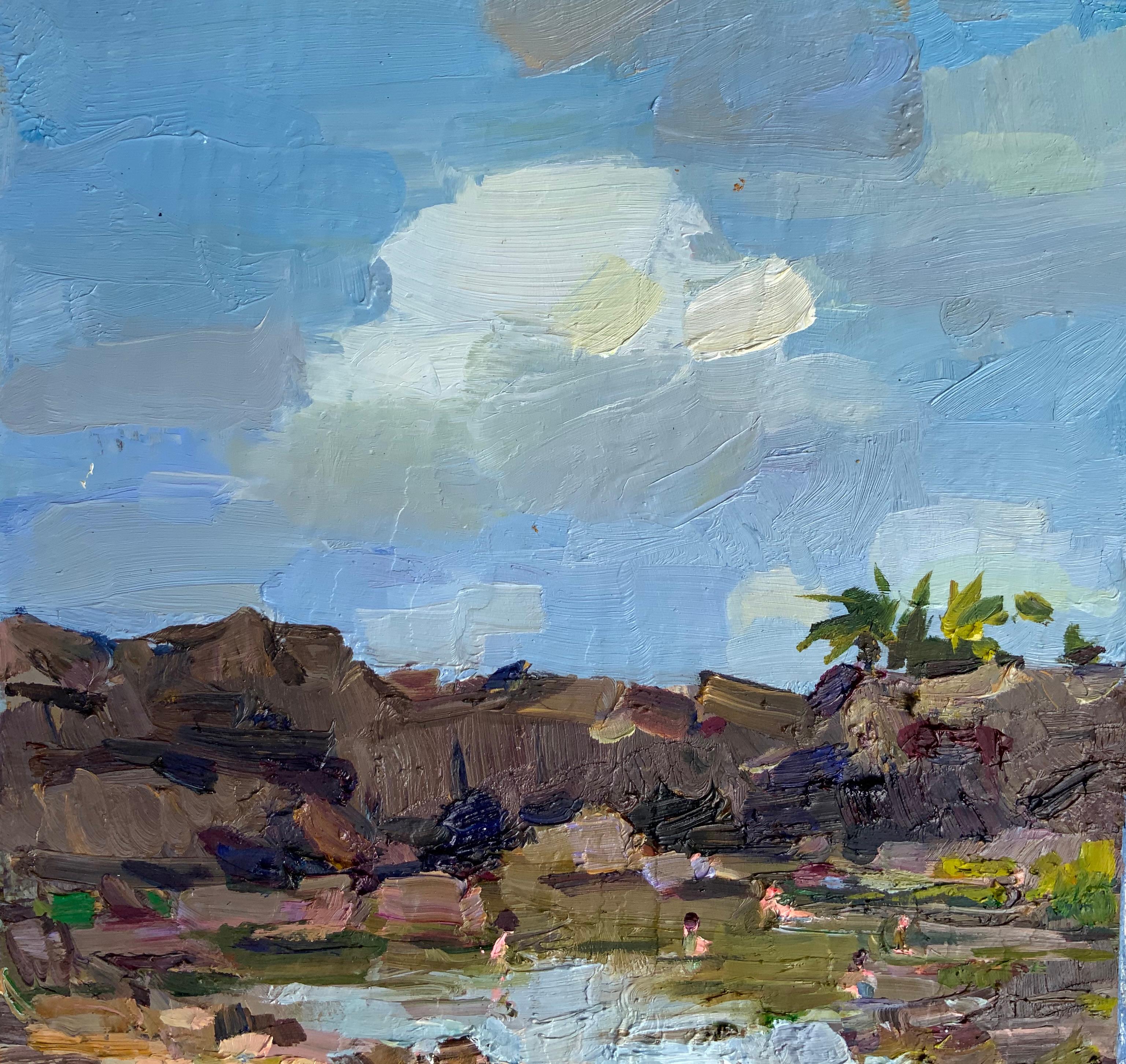 Les baigneurs de l'après-midi. Figures nues, baigneurs, plein air, atmosphère, lumière chaude - Impressionnisme Painting par Daria Molostnova