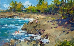 Bathers By the Rocks- Hawaiian Beach Scene, North Shore Oahu, Plein Air Painting