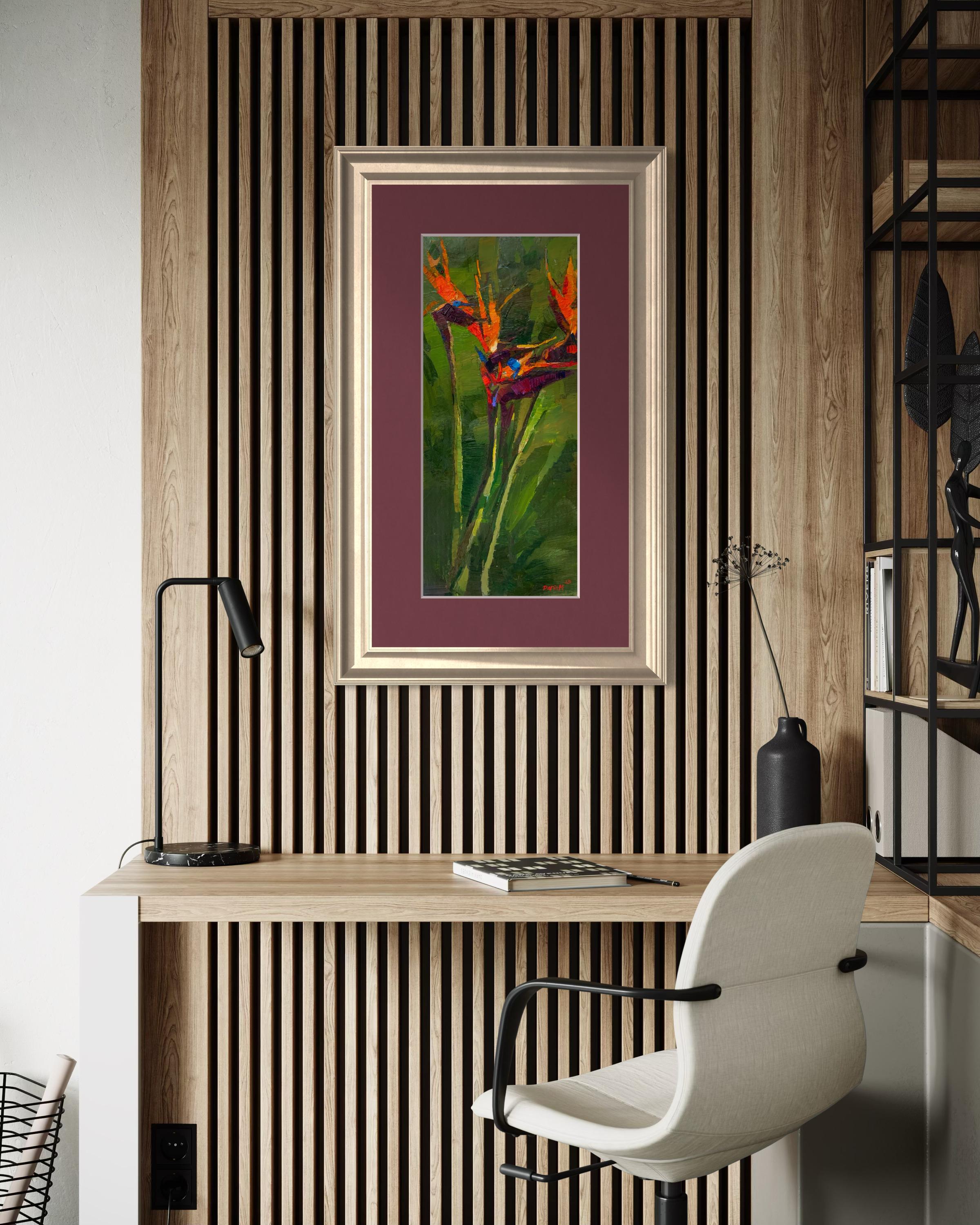 Hawaï, oiseau de paradis, fleur tropicale, peinture florale, plein air, jardin, lumière du soleil, art américain

Peinte sur le vif à Hawaï, cette œuvre représente l'oiseau de paradis, l'une des fleurs les plus emblématiques de l'île. Sa forme