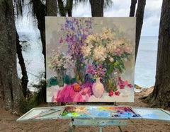 Bouquet and Strawberries. Large square still life, contemporary floral painting