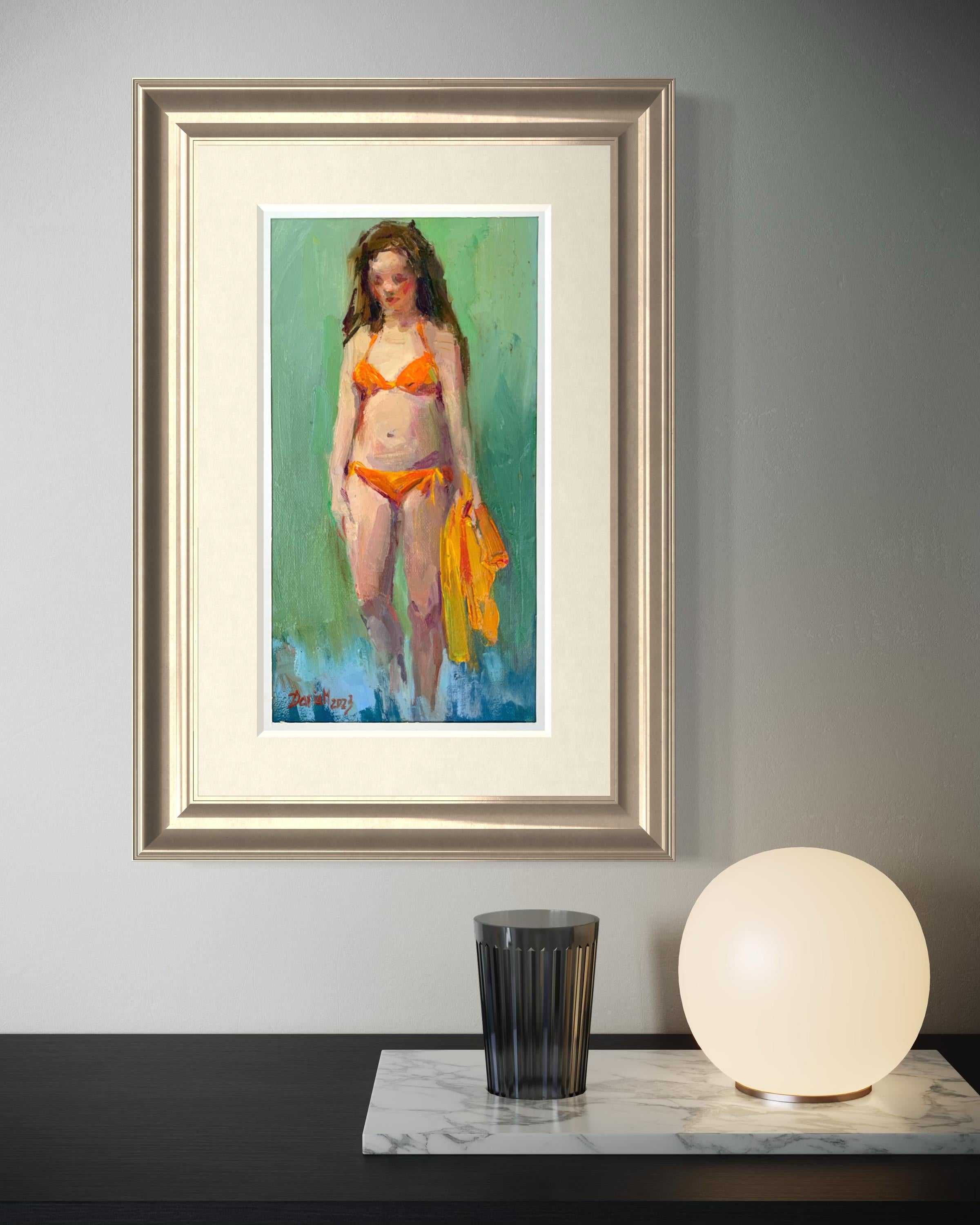 peinture de plage, portrait d'enfant, mer, soleil, plein air, Hawaï, art américain

Une petite peinture en plein air réalisée directement sur la plage. Une jeune fille entre dans l'eau, son maillot de bain orange vif reflétant une lumière chaude sur
