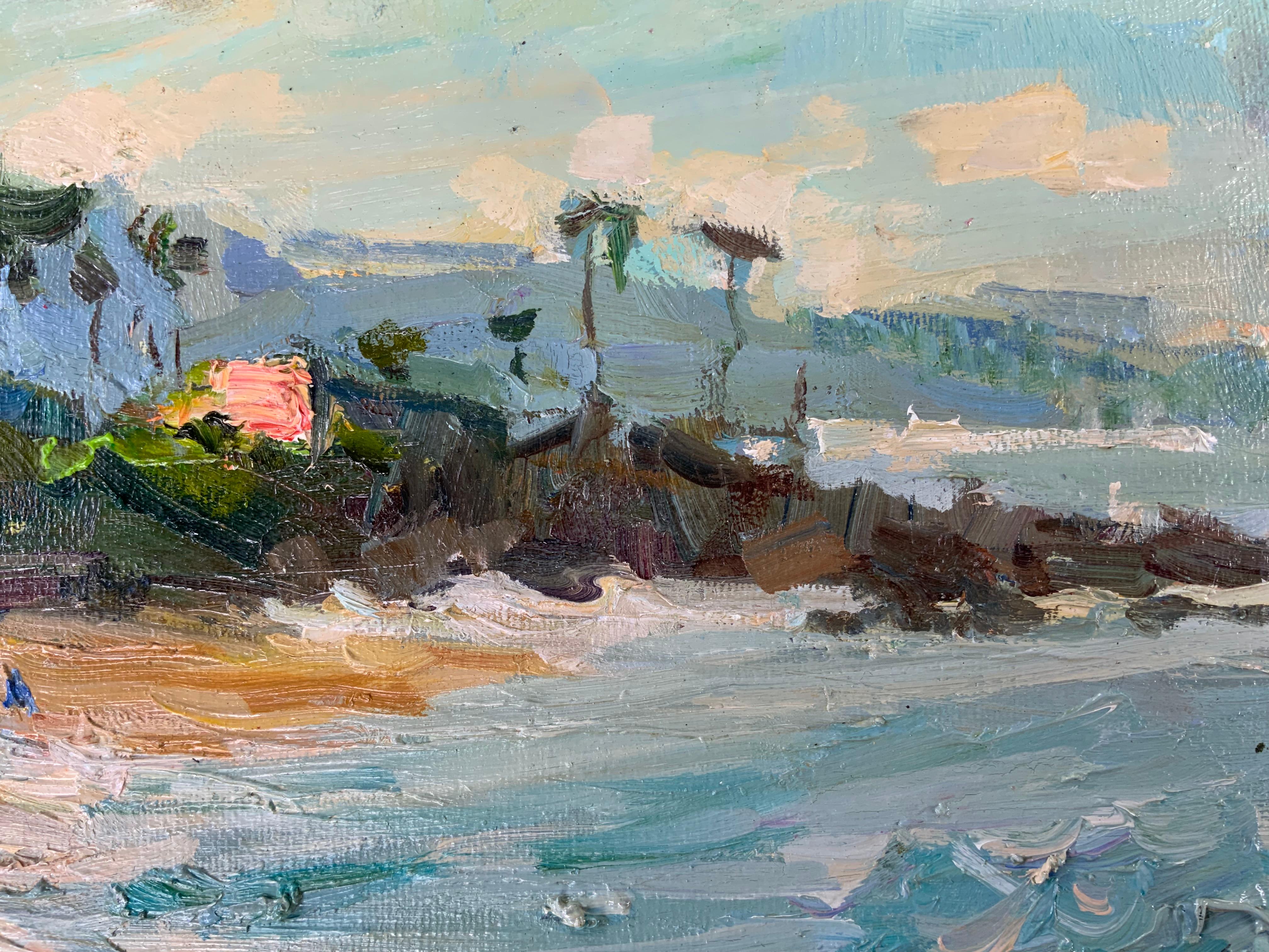 Día en la playa. Paisaje de Hawai, Costa Norte de Oahu, Playa de las Tres Mesas, puesta de sol - Painting de Daria Molostnova