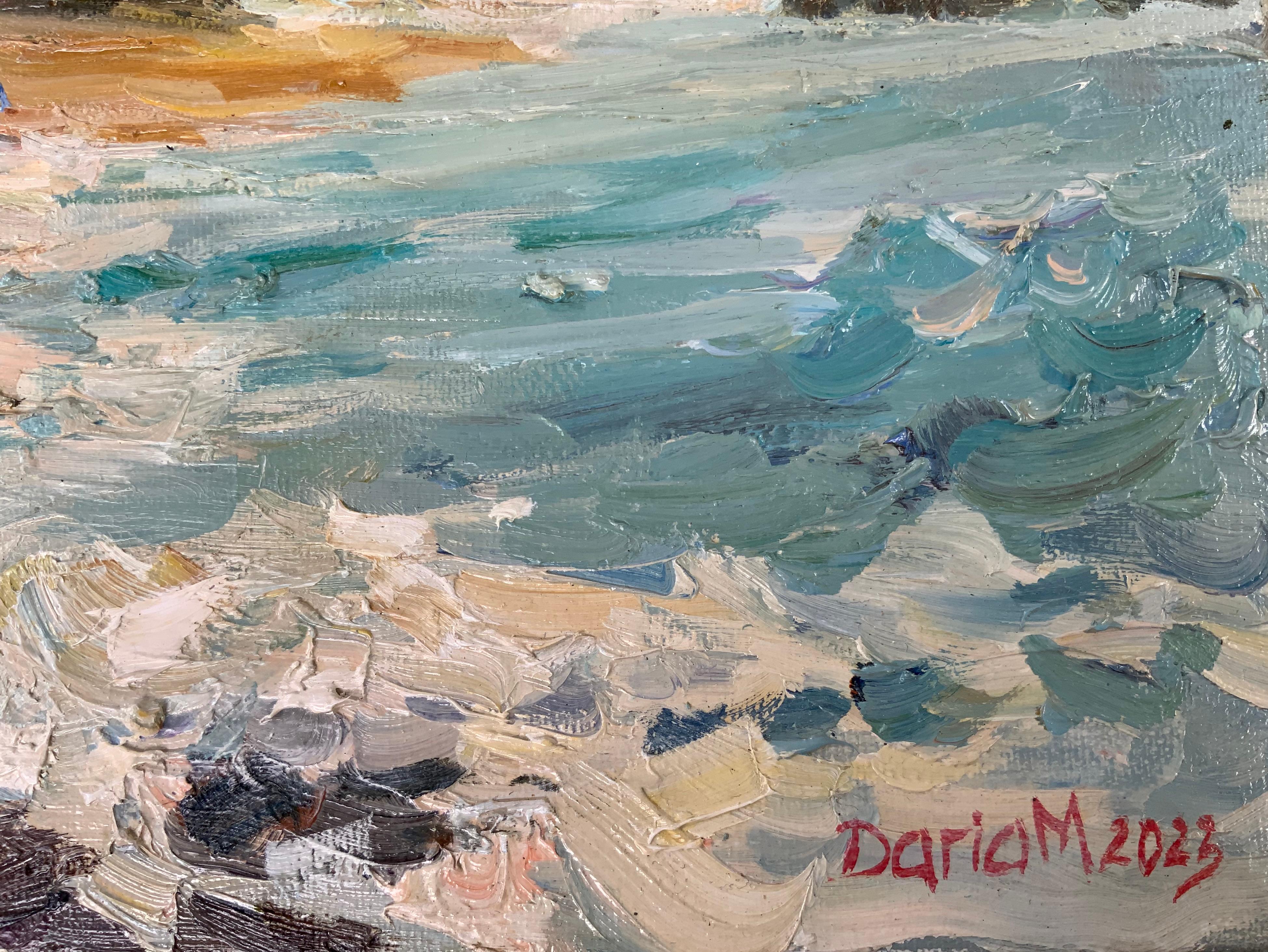 Día en la playa. Paisaje de Hawai, Costa Norte de Oahu, Playa de las Tres Mesas, puesta de sol - Painting Impresionista de Daria Molostnova