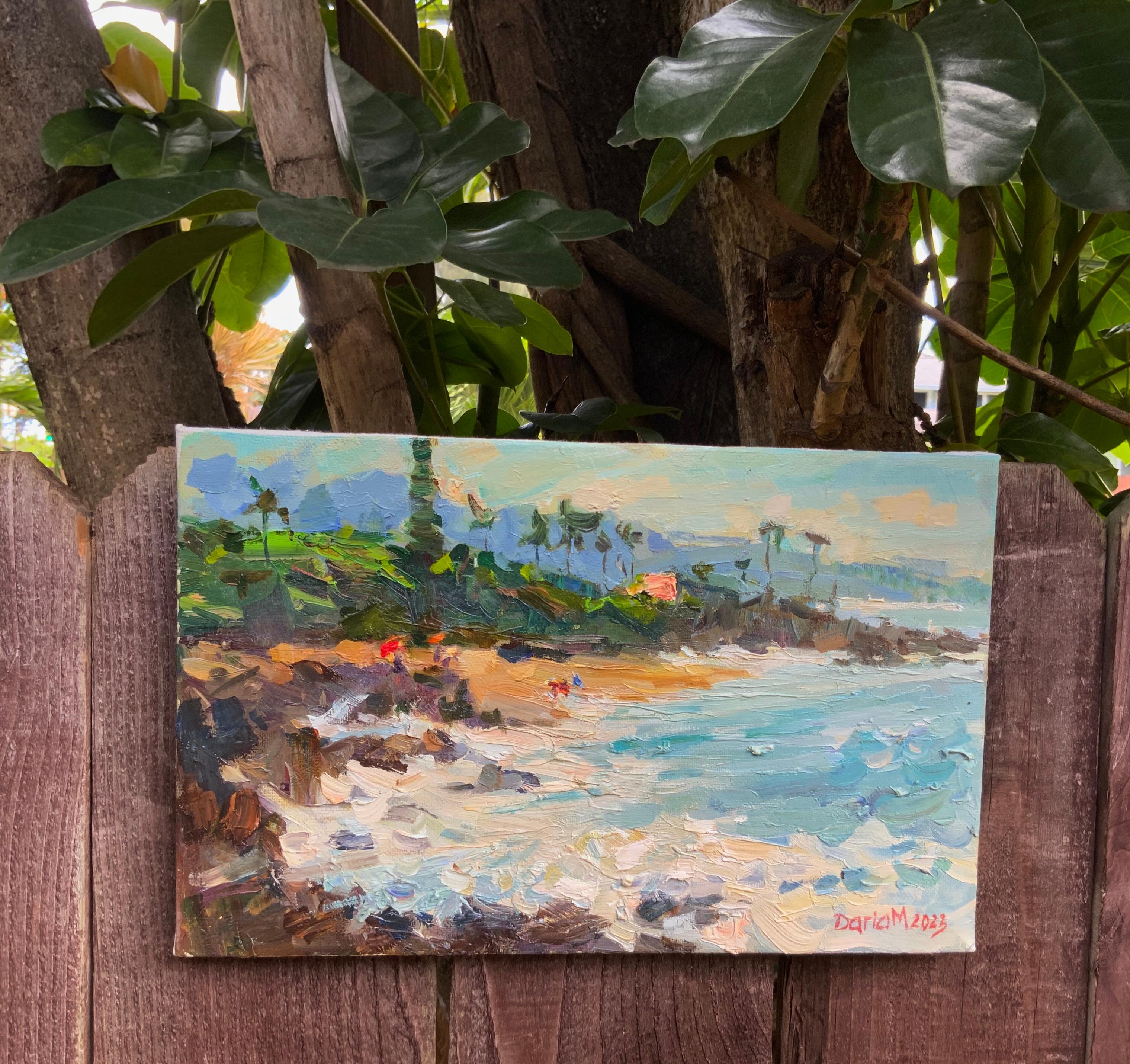 Este paisaje fue pintado durante la primera visita del artista a Hawai, en la costa norte de Oahu. Daria eligió una vista de la conocida Playa de las Tres Mesas, situada justo al lado de su casa. Esperó hasta el atardecer para captar el momento en