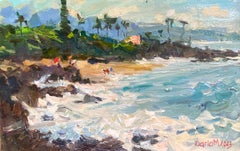 Día en la playa. Paisaje de Hawai, Costa Norte de Oahu, Playa de las Tres Mesas, puesta de sol