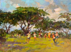 Evening Game in the Park. Hawaiian Landscape, Kids Playing Soccer, Oil Painting