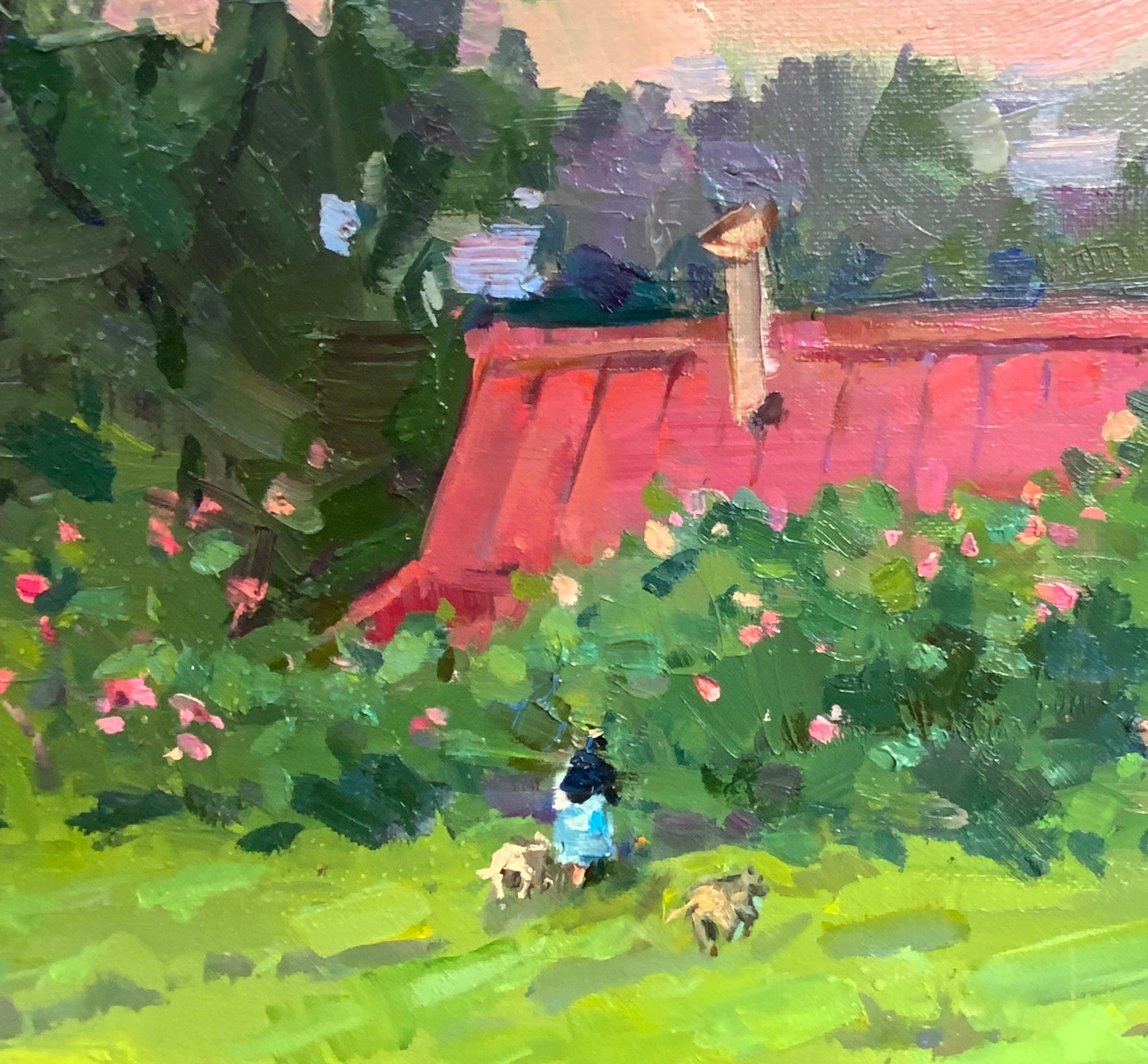 Evening in the Flowering Garden - Realist Painting by Daria Molostnova