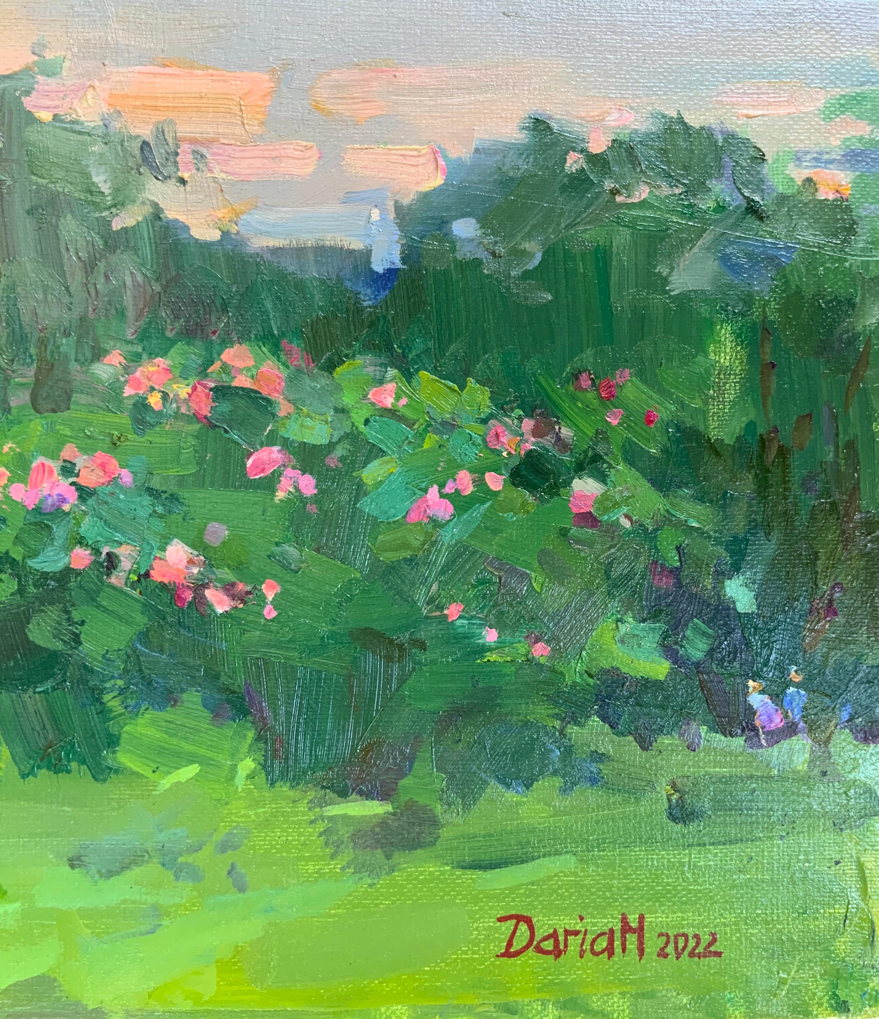 Evening in the Flowering Garden - Gray Landscape Painting by Daria Molostnova