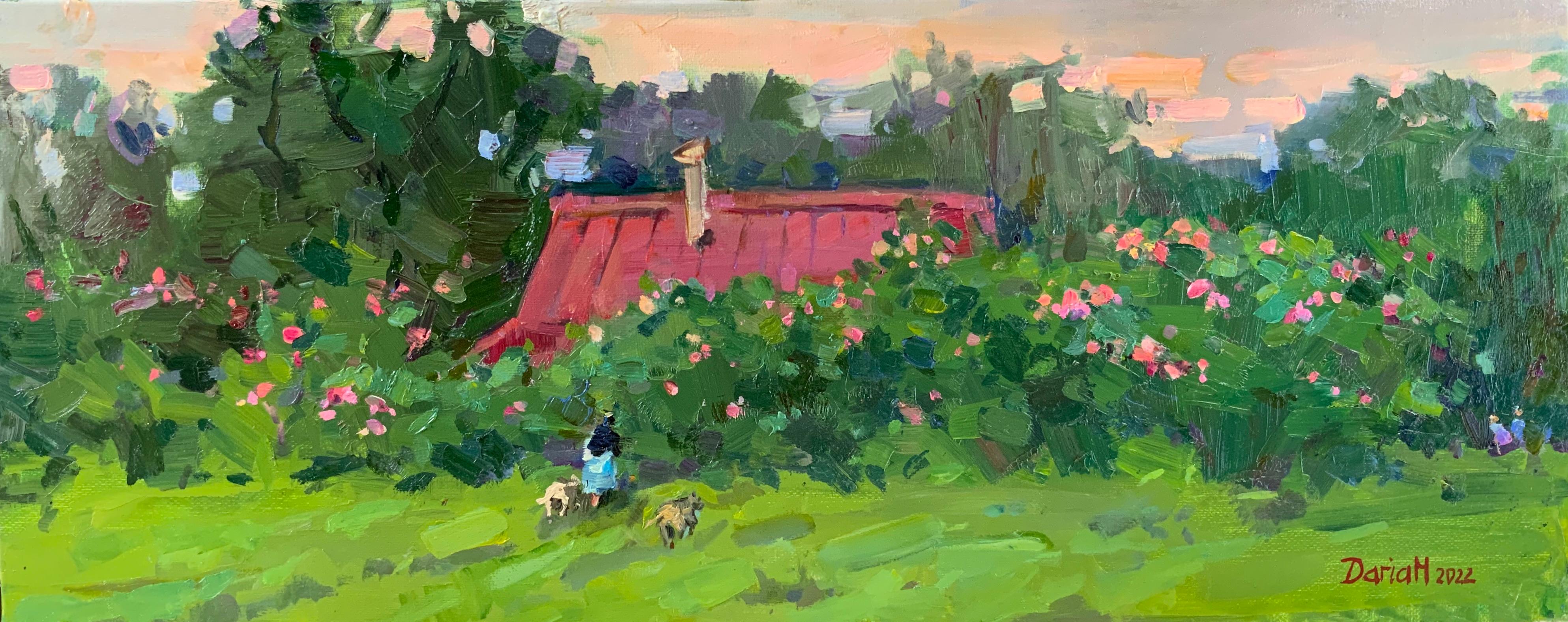 Daria Molostnova Landscape Painting - Evening in the Flowering Garden
