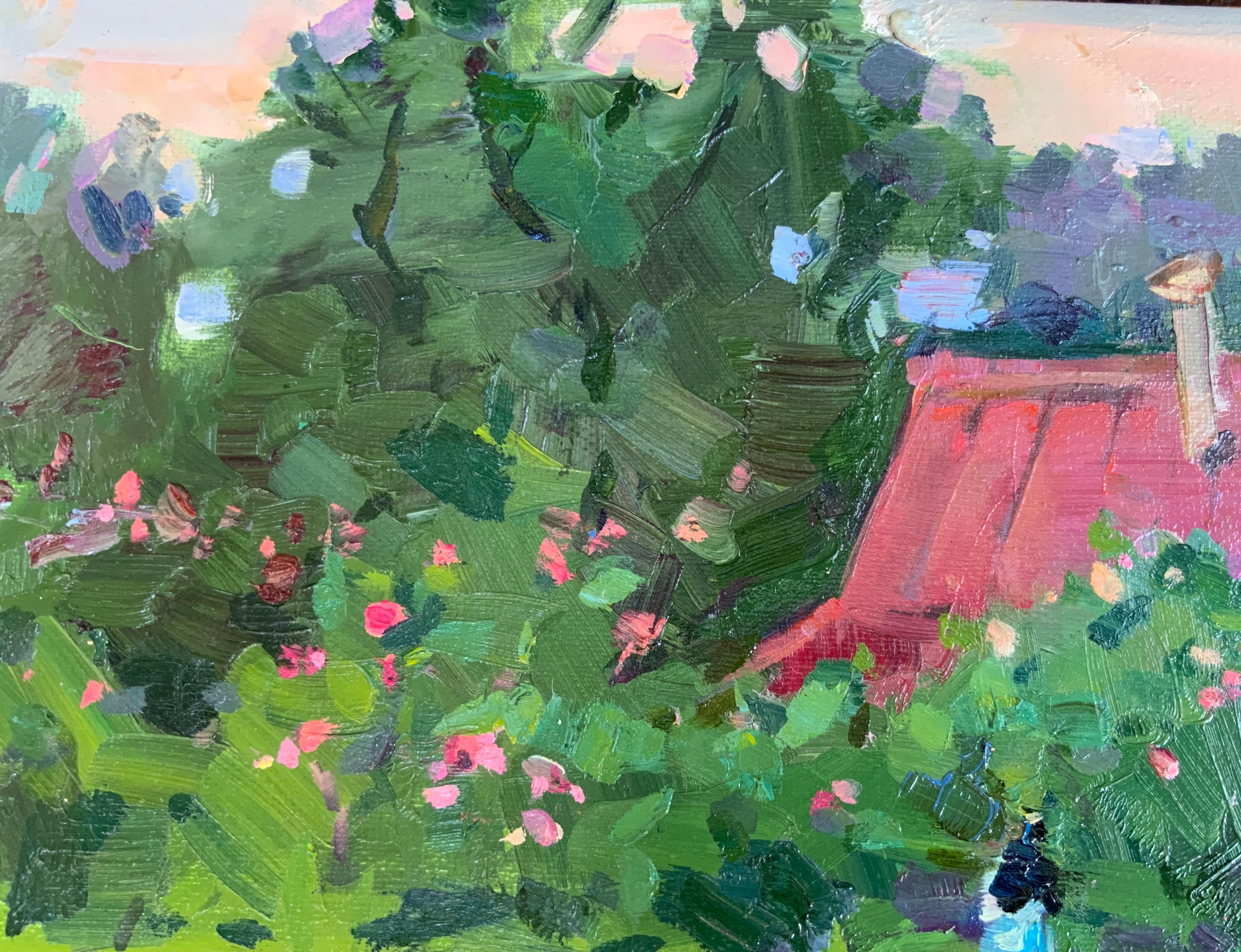 Blumen, Rosen, Dorflandschaft, Abend, Impressionismus, Interieurmalerei, amerikanischer Künstler


