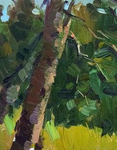 Forest Lake. Green landscape, woodland scene, pine tree, impressionism