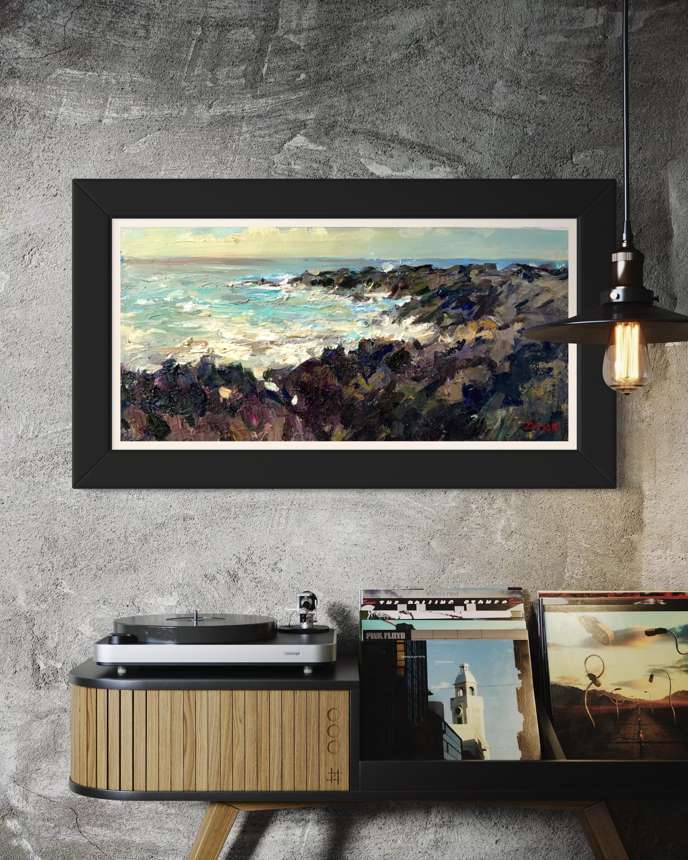 Lueurs du soleil sur les falaises lointaines. Hawaii, Côte Nord, océan orageux - Painting de Daria Molostnova
