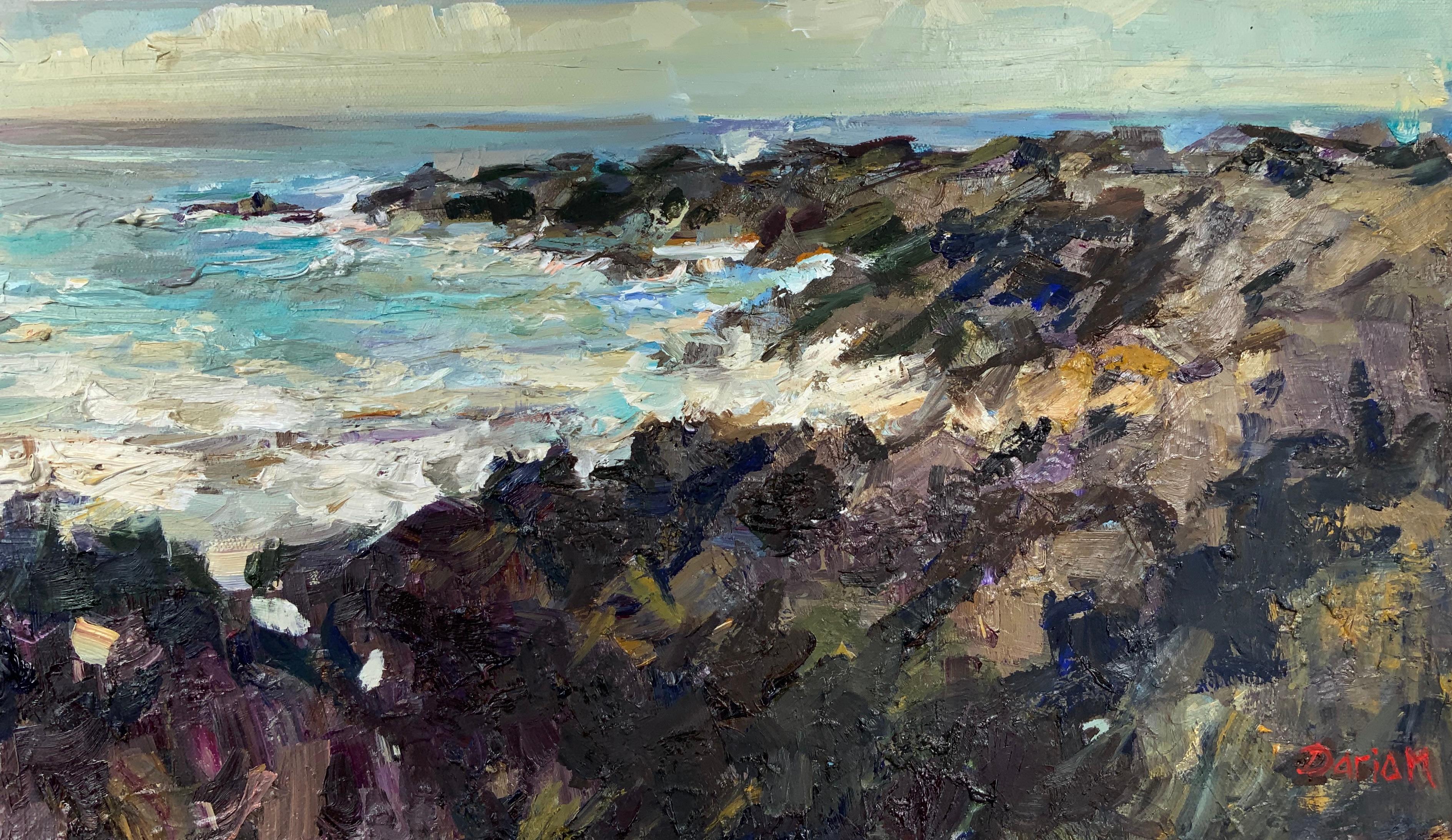 Le début du printemps sur la côte nord d'Oahu est encore marqué par l'énergie brute des houles hivernales. Cette peinture a été réalisée sur place, dans un endroit isolé parmi des rochers de lave noire déchiquetés, où peu de gens s'aventurent,