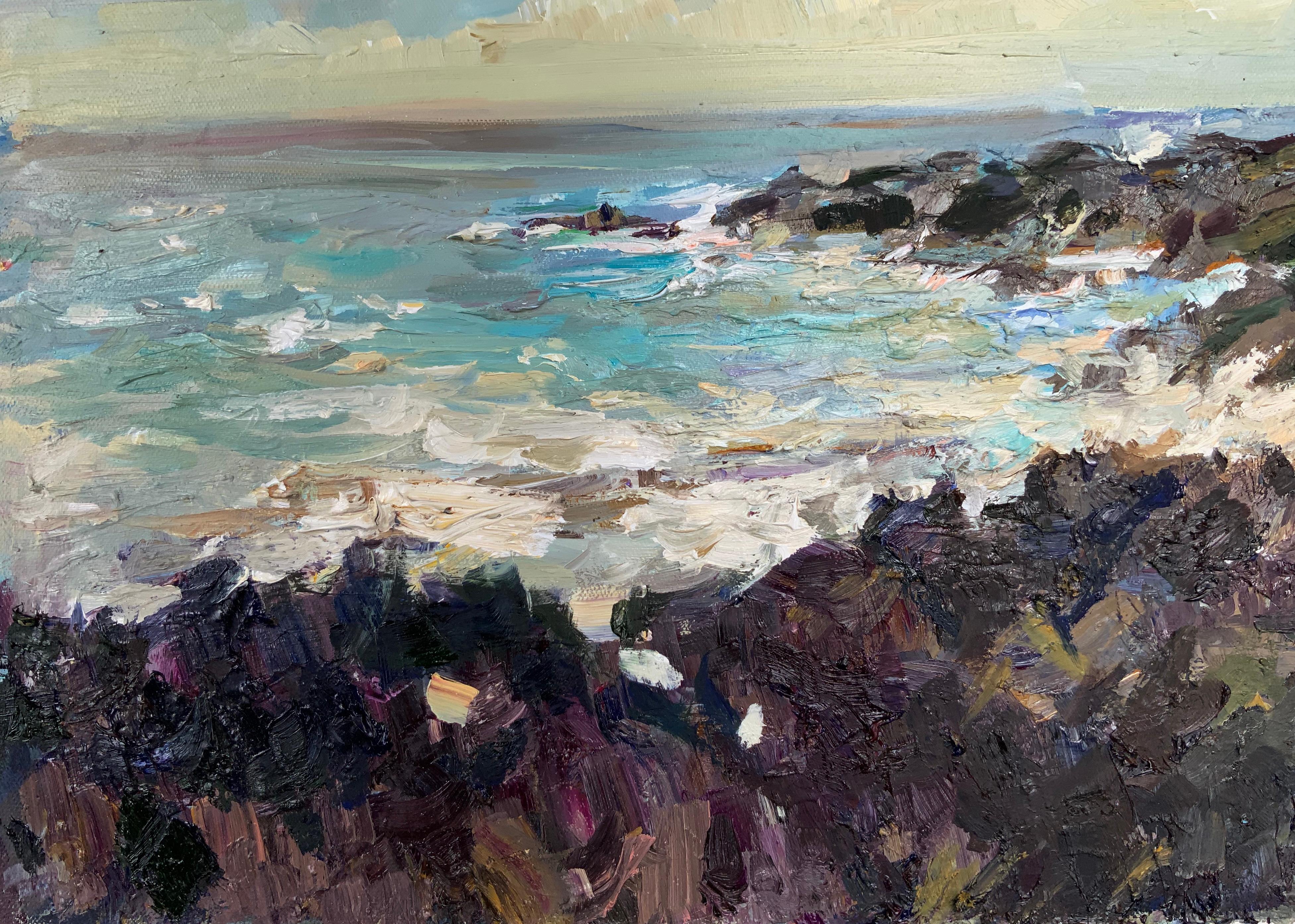 Lueurs du soleil sur les falaises lointaines. Hawaii, Côte Nord, océan orageux en vente 2