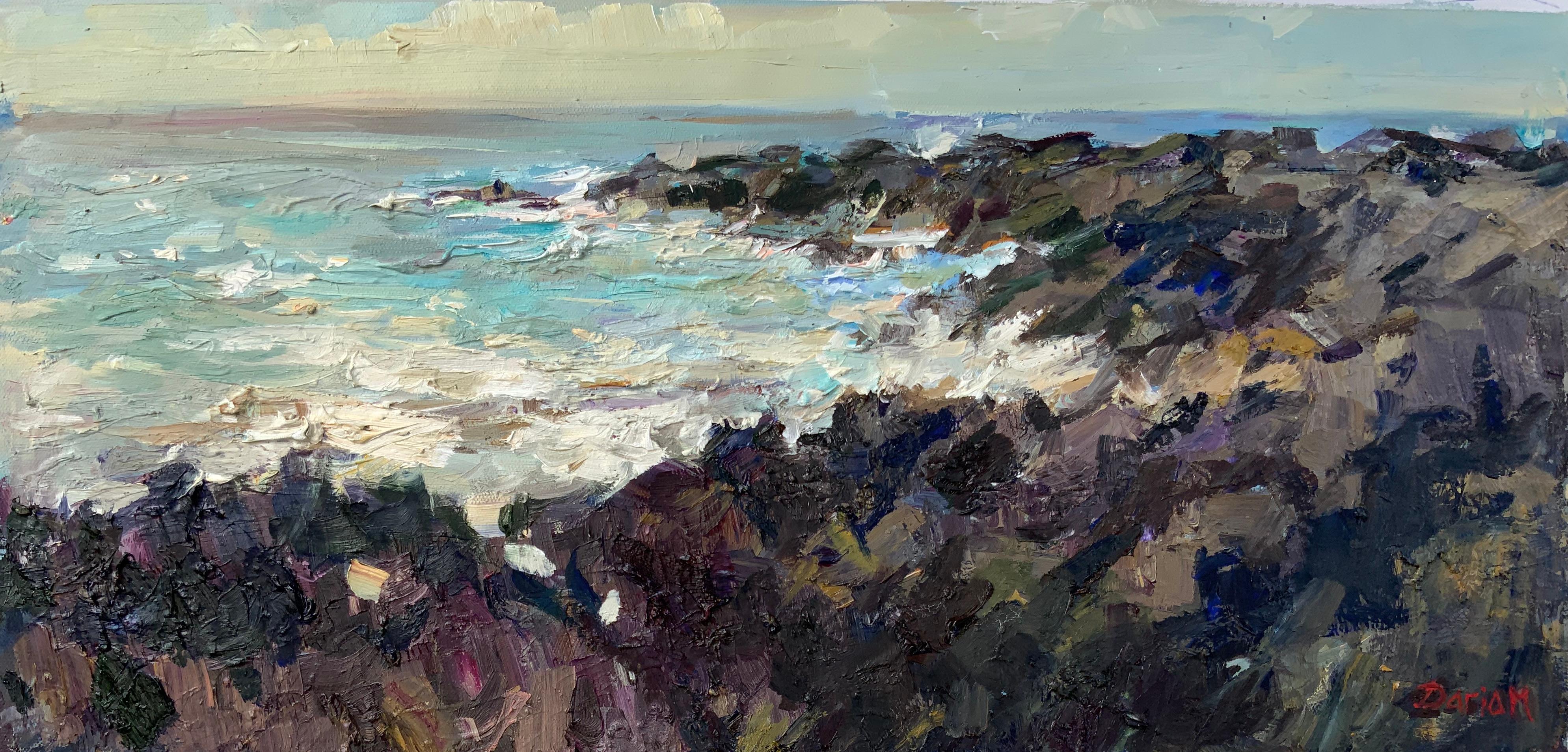 Landscape Painting Daria Molostnova - Lueurs du soleil sur les falaises lointaines. Hawaii, Côte Nord, océan orageux