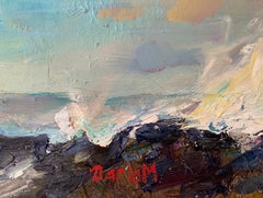 Golden Cloud. Coastal landscape, golden sky, ocean waves, plein air