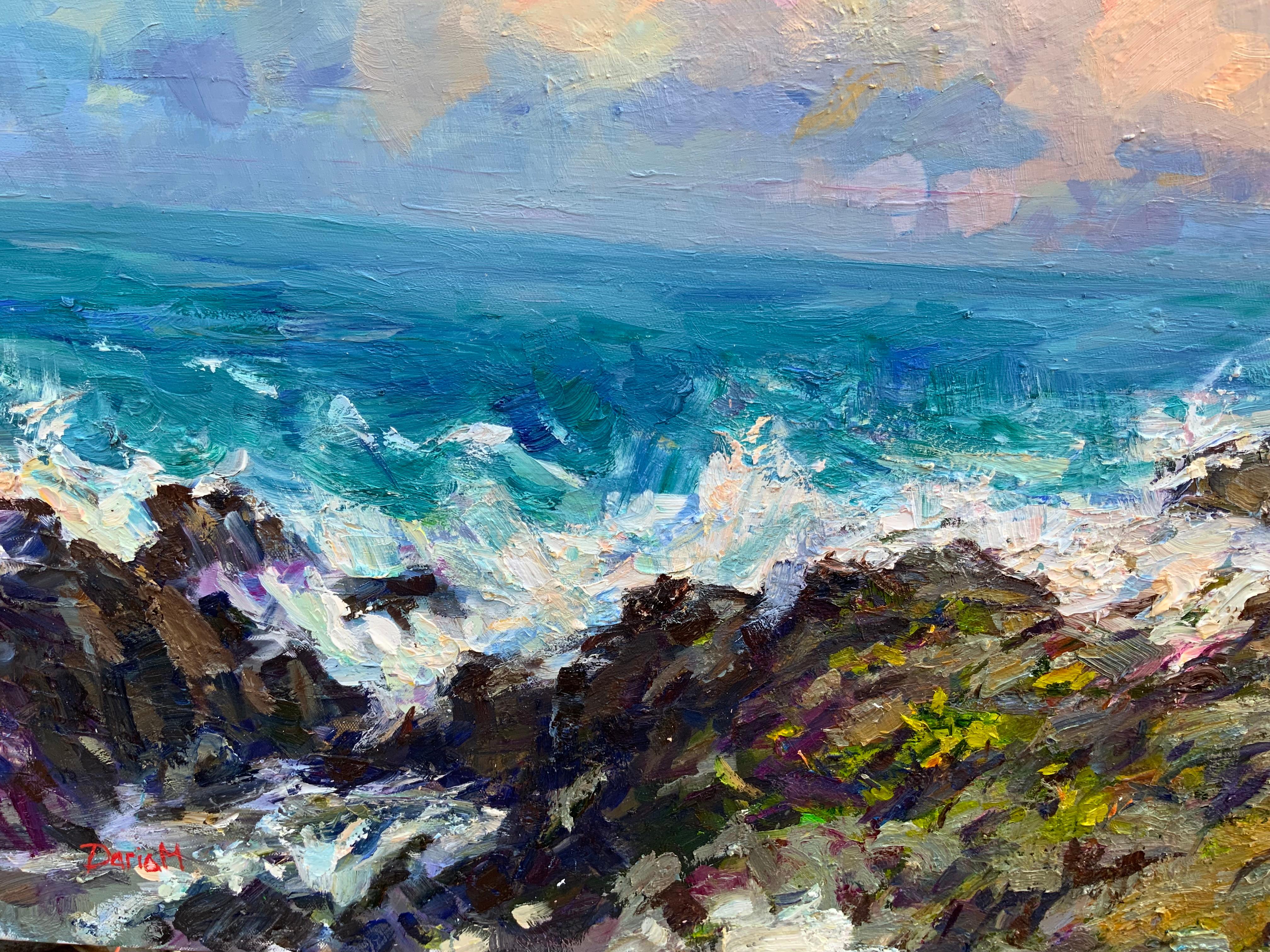 Cette peinture a été réalisée au coucher du soleil lors d'une violente tempête à Hawaï. Ces jours-là, il était impossible de s'approcher de l'océan - la tempête était si intense que les vagues ne pouvaient être observées que de loin. Dans les