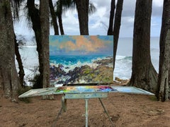 Hawaii. Large seascape painting, sunset light, ocean waves, rocky coast