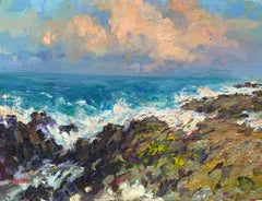 Hawaii. Large seascape painting, sunset light, ocean waves, rocky coast