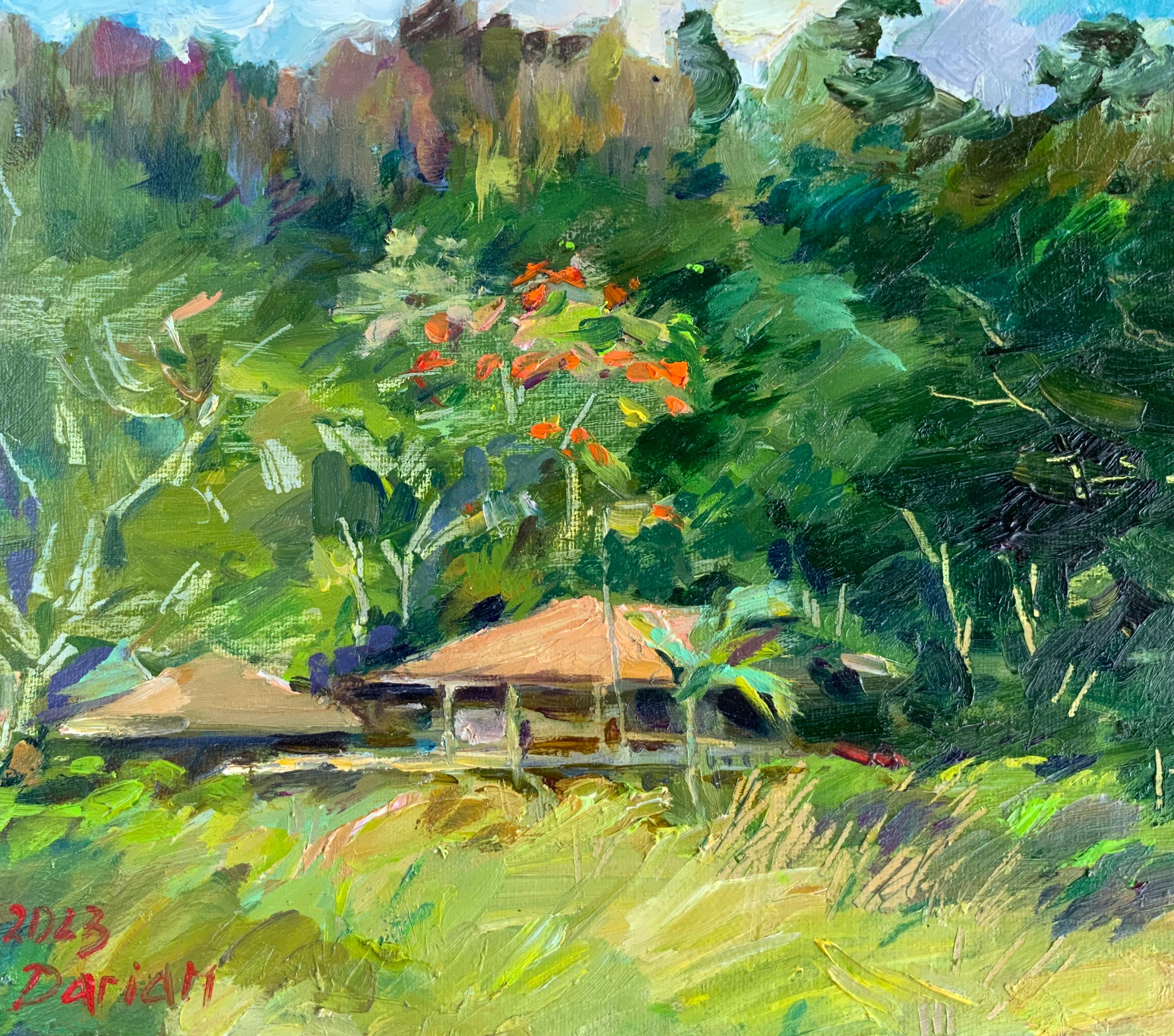 The House by the Road (Grau), Landscape Painting, von Daria Molostnova