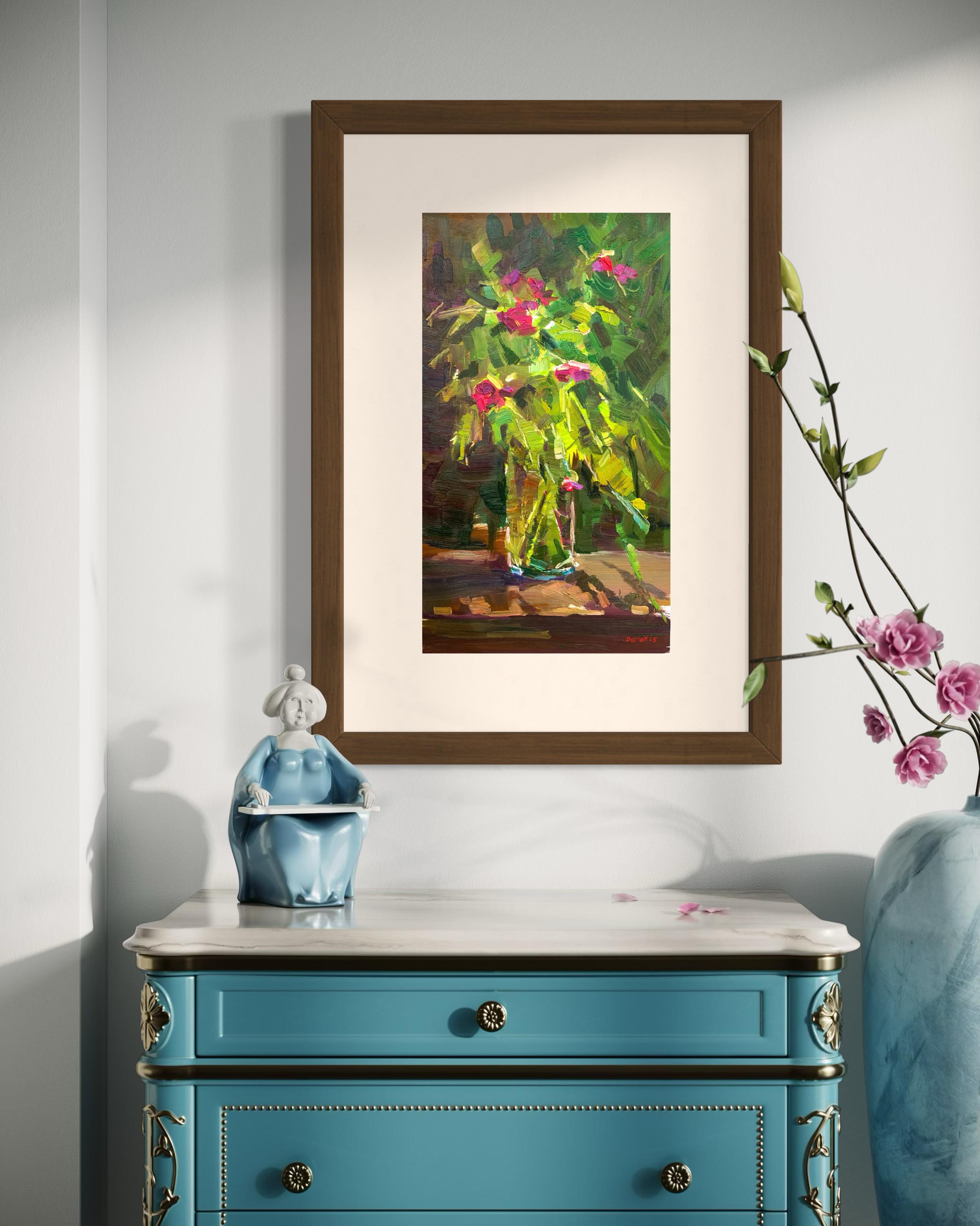 Hawaiian still life, impatiens, flowers, contemporary art, American artist 

A minimalist still life with an impatiens flower. In colder countries it is usually grown indoors, but in Hawaii it thrives outdoors year-round, bringing color and joy to