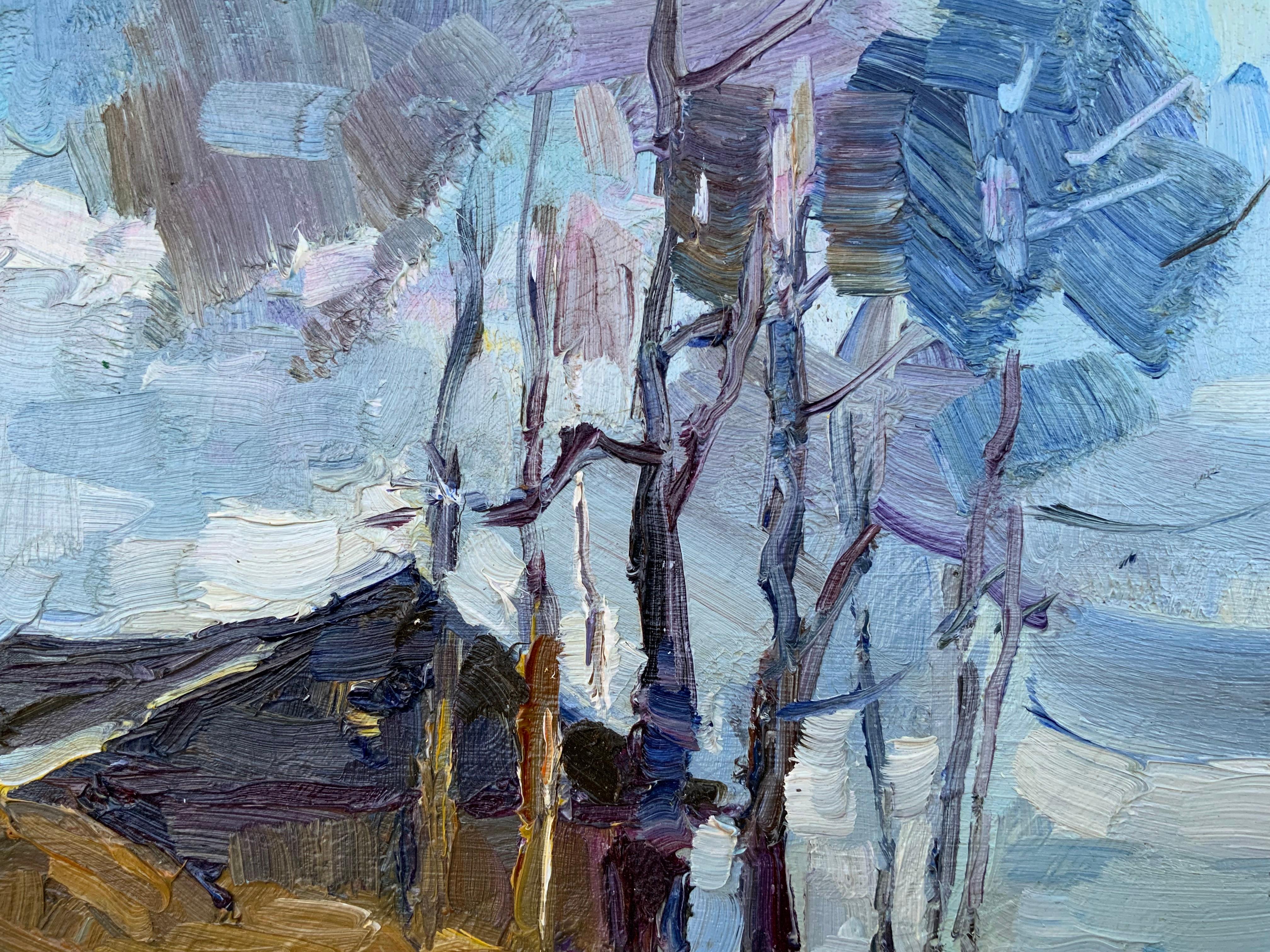 Fin de l'automne - Gris Landscape Painting par Daria Molostnova