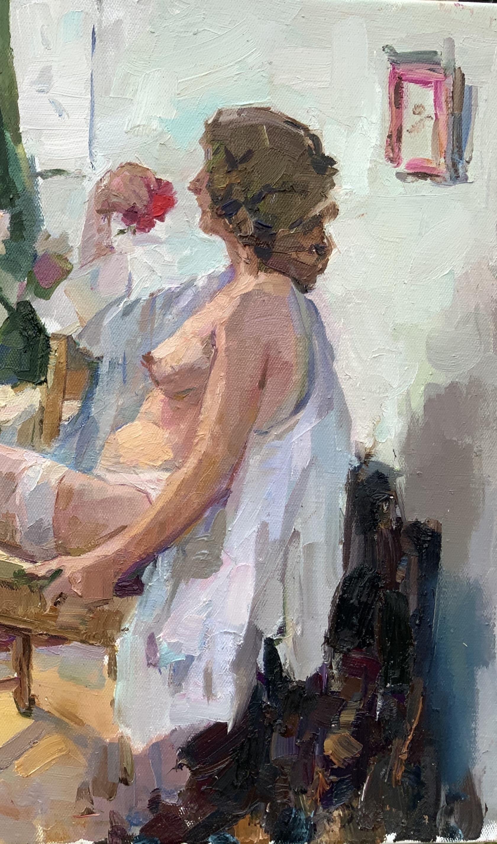Model in the Studio: Pause with Rose - Impressionist Painting by Daria Molostnova