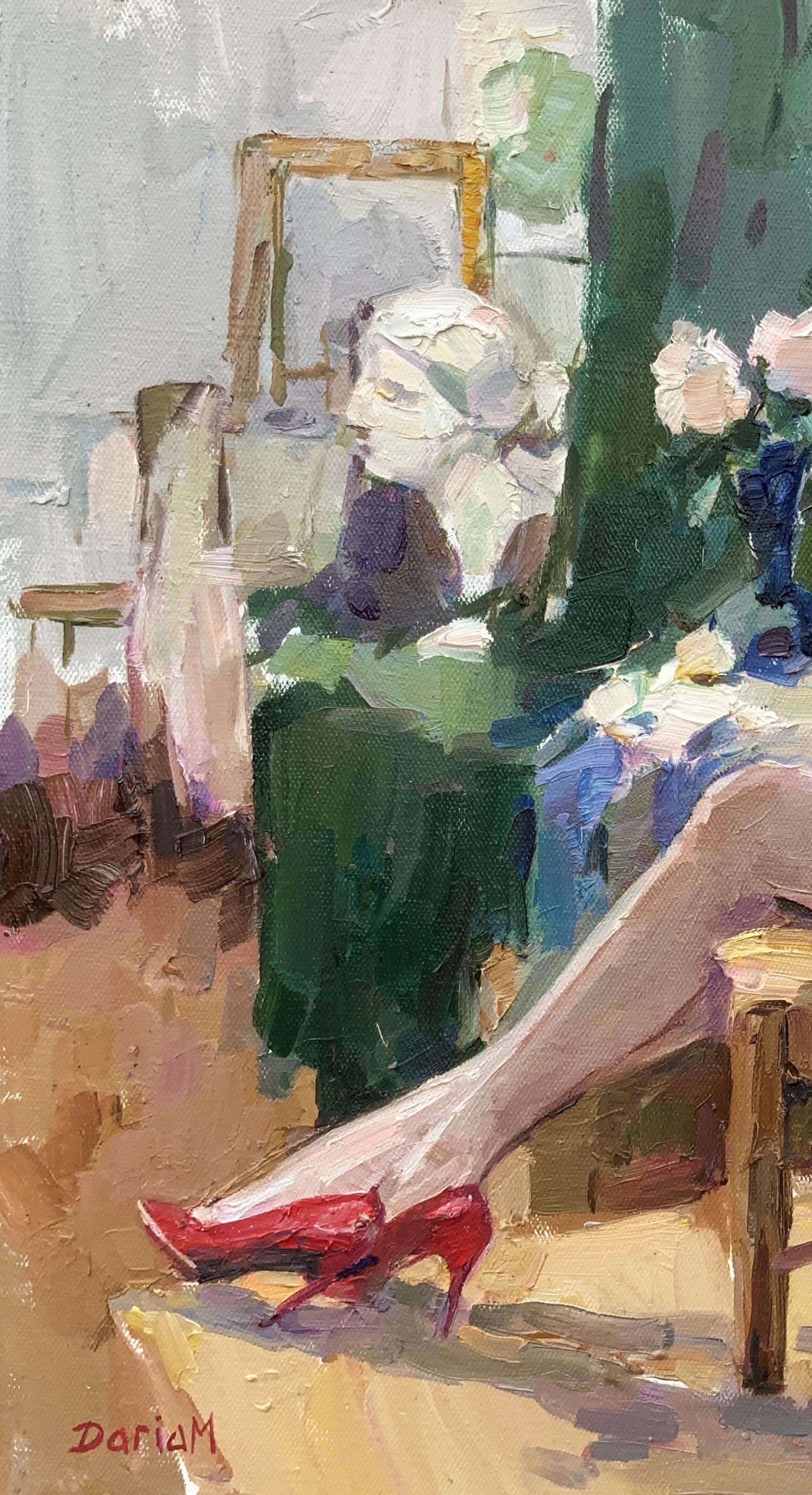 Model in the Studio: Pause with Rose - Brown Nude Painting by Daria Molostnova