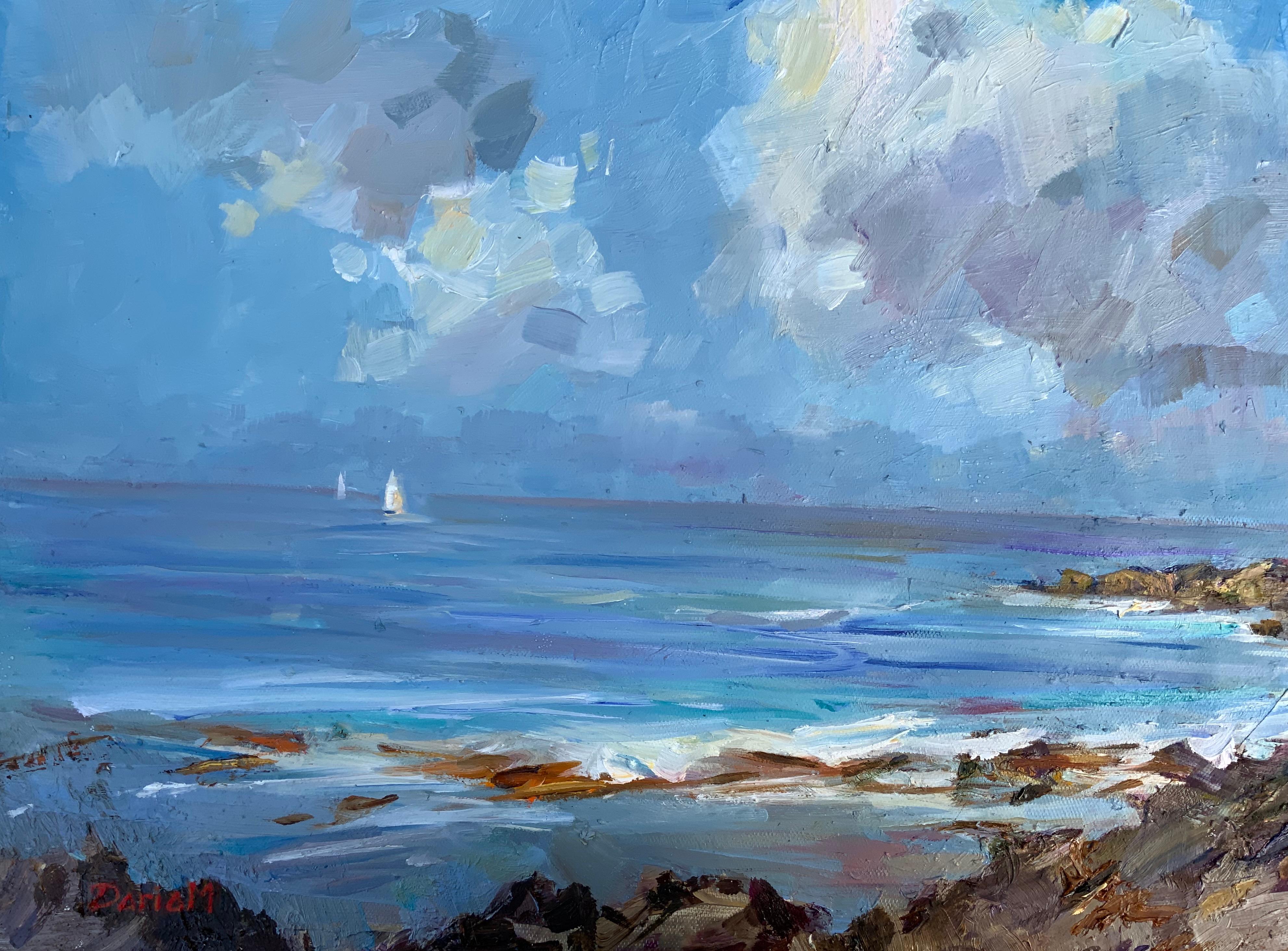 Morning Between Storms. Spring, ocean, light, sunrise, marine art, natural light - Painting by Daria Molostnova