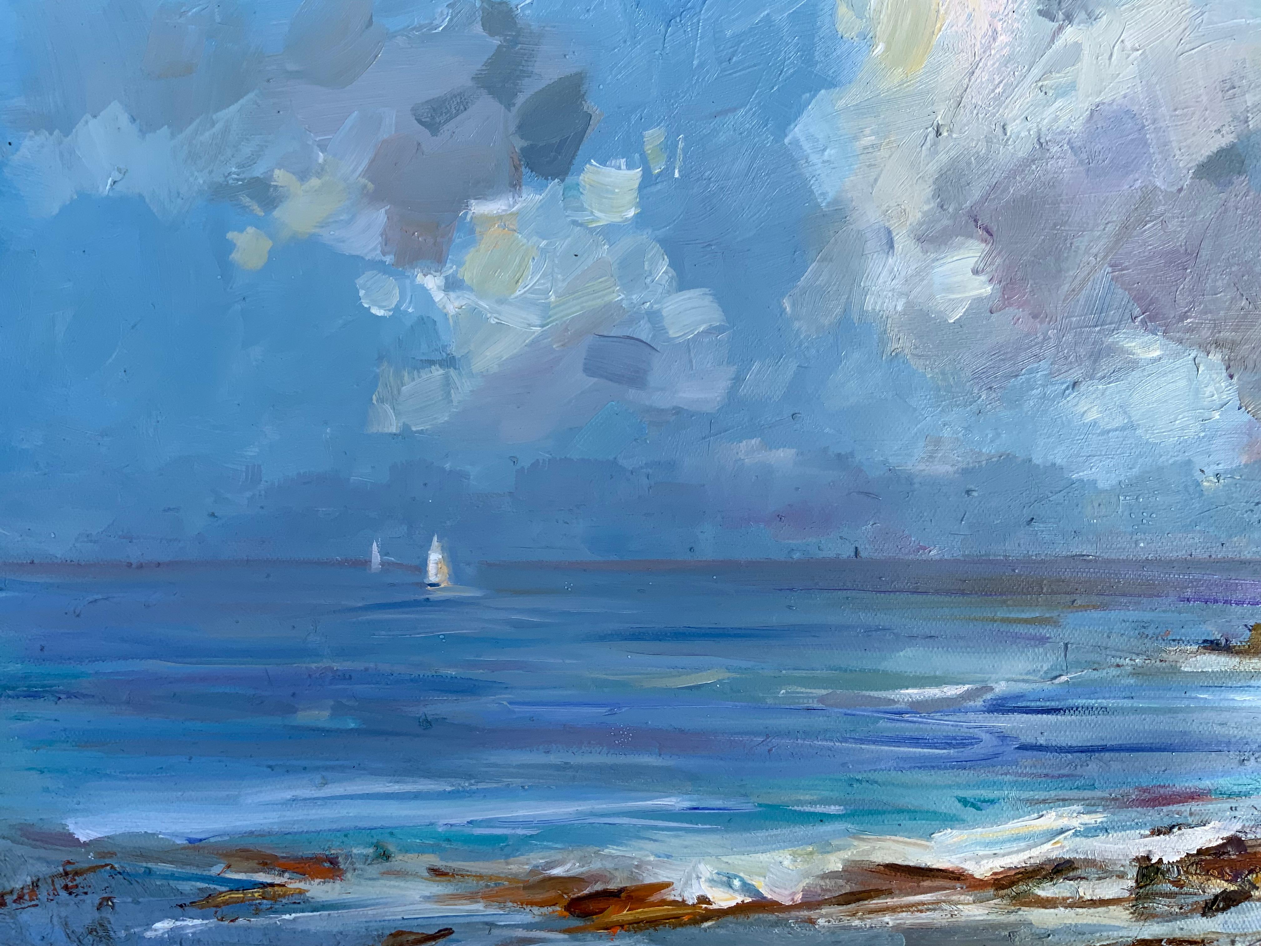 Morning Between Storms. Spring, ocean, light, sunrise, marine art, natural light - Blue Landscape Painting by Daria Molostnova