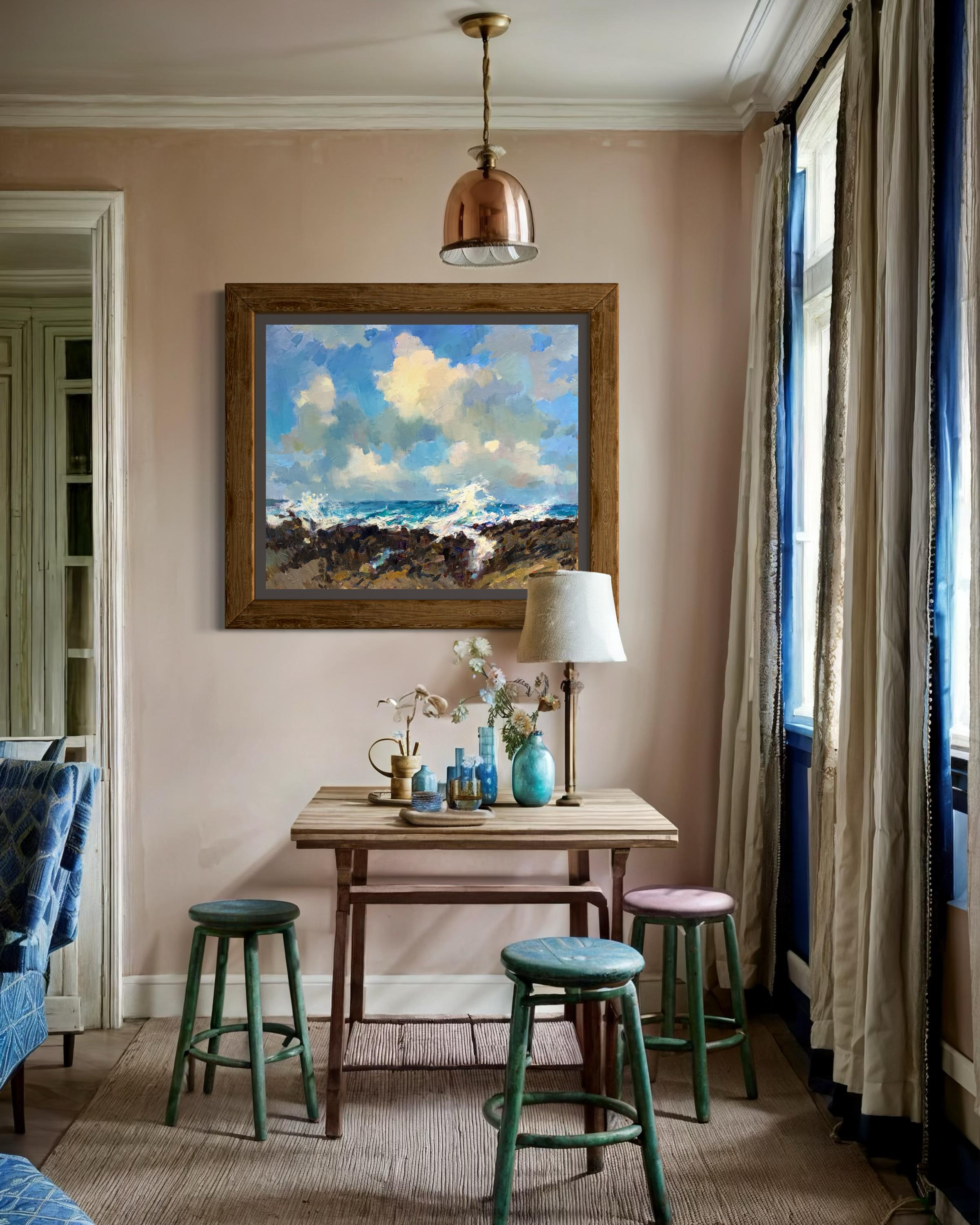 Océan et ciel. Un matin hawaïen - Gris Landscape Painting par Daria Molostnova
