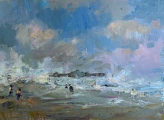Playing with the Waves. Seascape painting, figures by the ocean, stormy sky