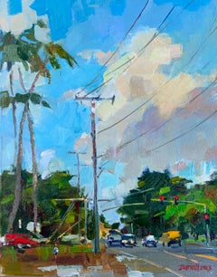 Pupukea. Hawaiian urban landscape, rainy street, evening light, plein air