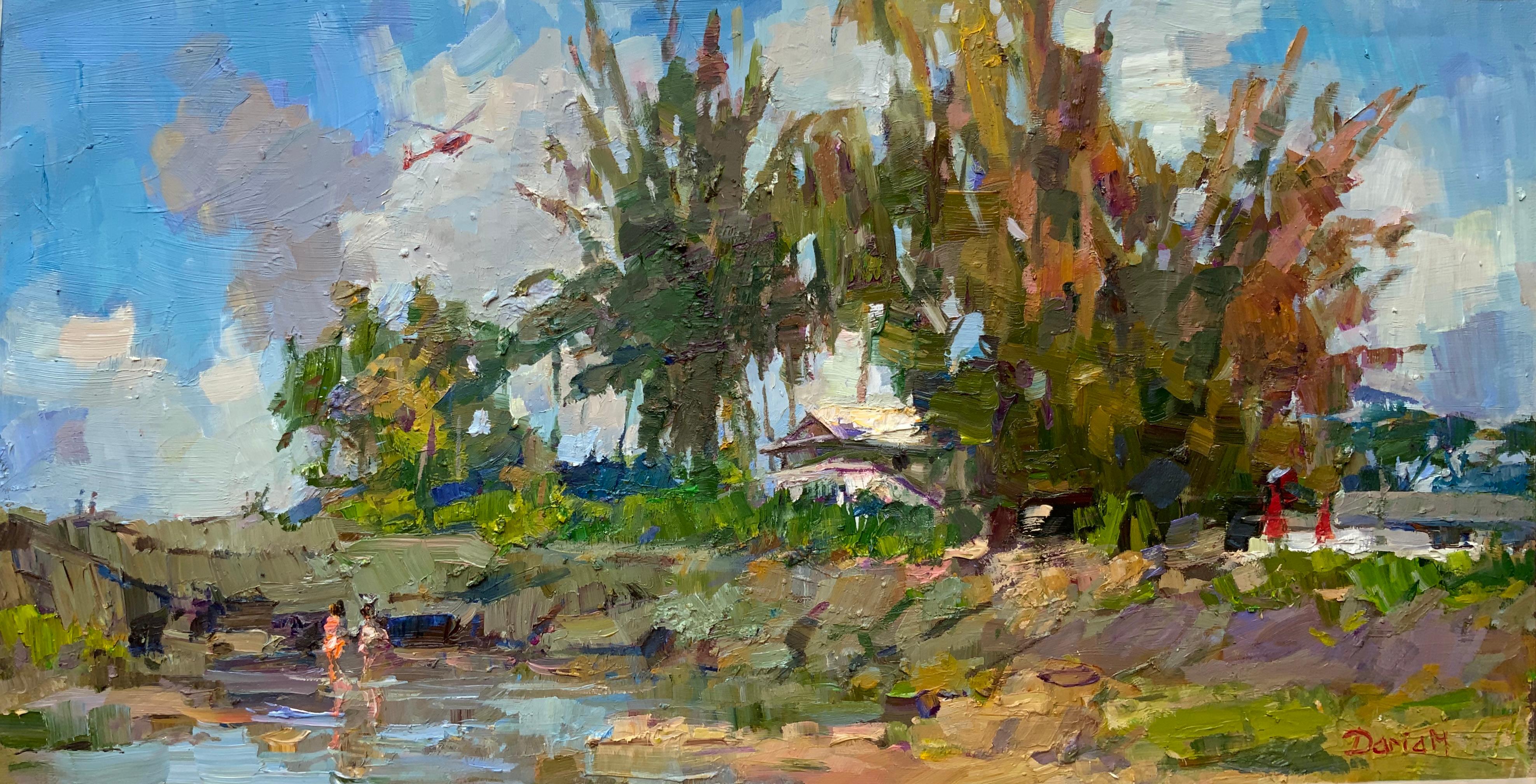 Red Helicopter, Summer Hawaiian Plein Air Landscape Oil Painting, American Art
