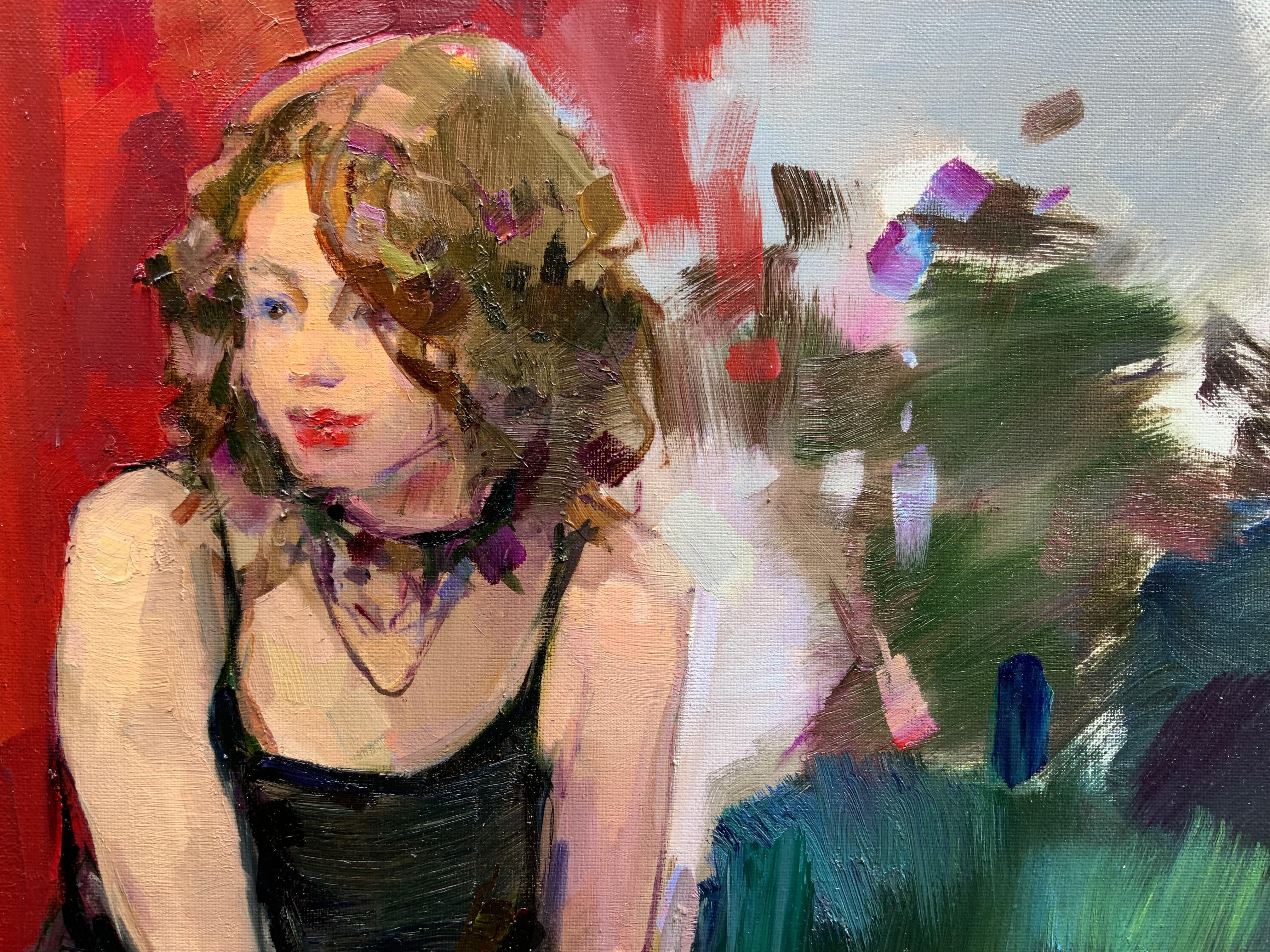 This painting depict a young girl trying on her mother’s bright red high heels. With lipstick on and striking black dress, she sits with childlike seriousness - a moment of innocence and aspiration. 

The piece was painted entirely from life over