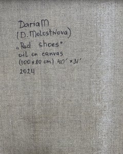 Red Shoes. Large contemporary figurative painting, woman in red heels, red