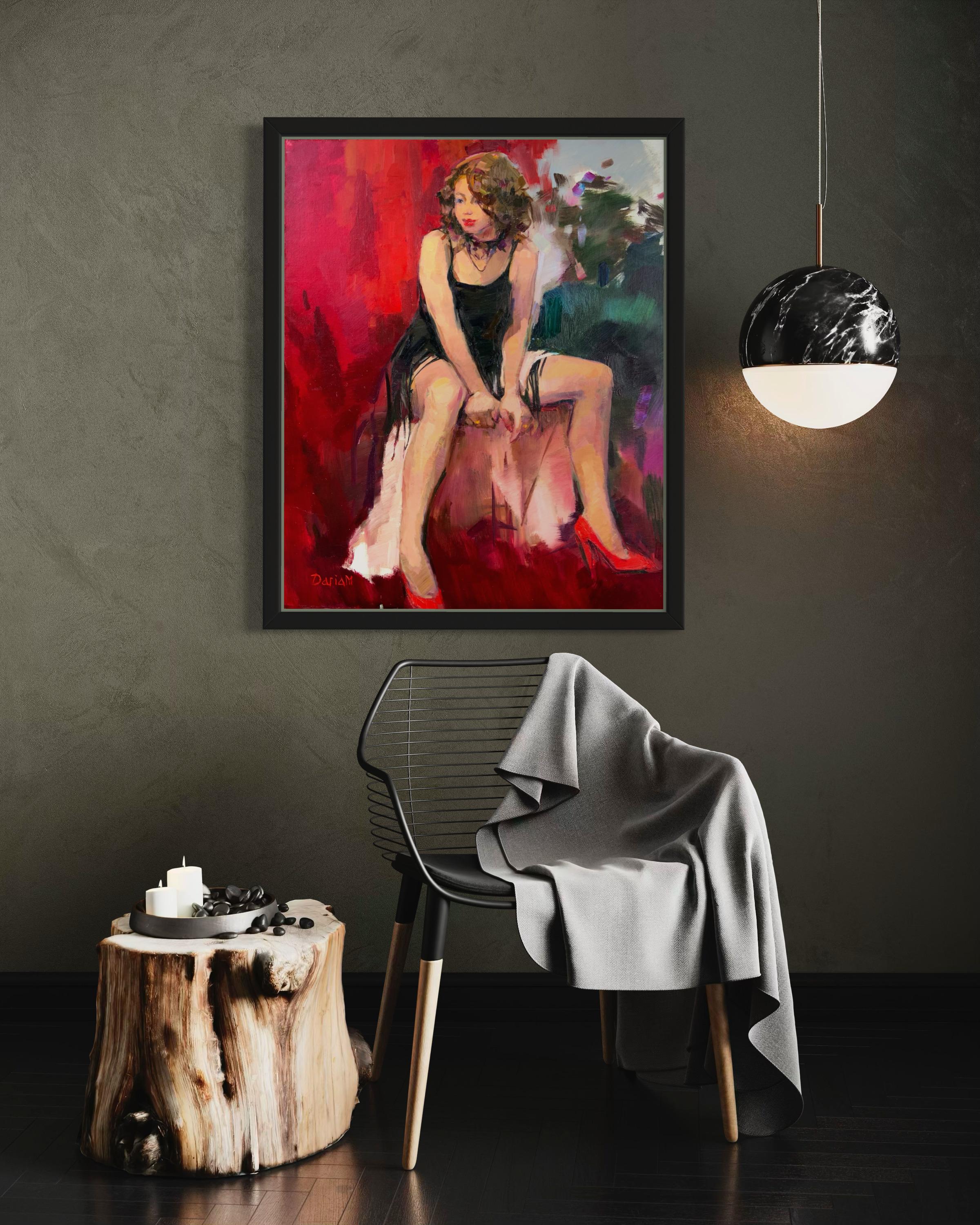 Rote Schuhe. Junge Frau, rote Absätze, schwarzes Kleid, Erwachsenwerden, amerikanische Künstlerin (Zeitgenössisch), Painting, von Daria Molostnova