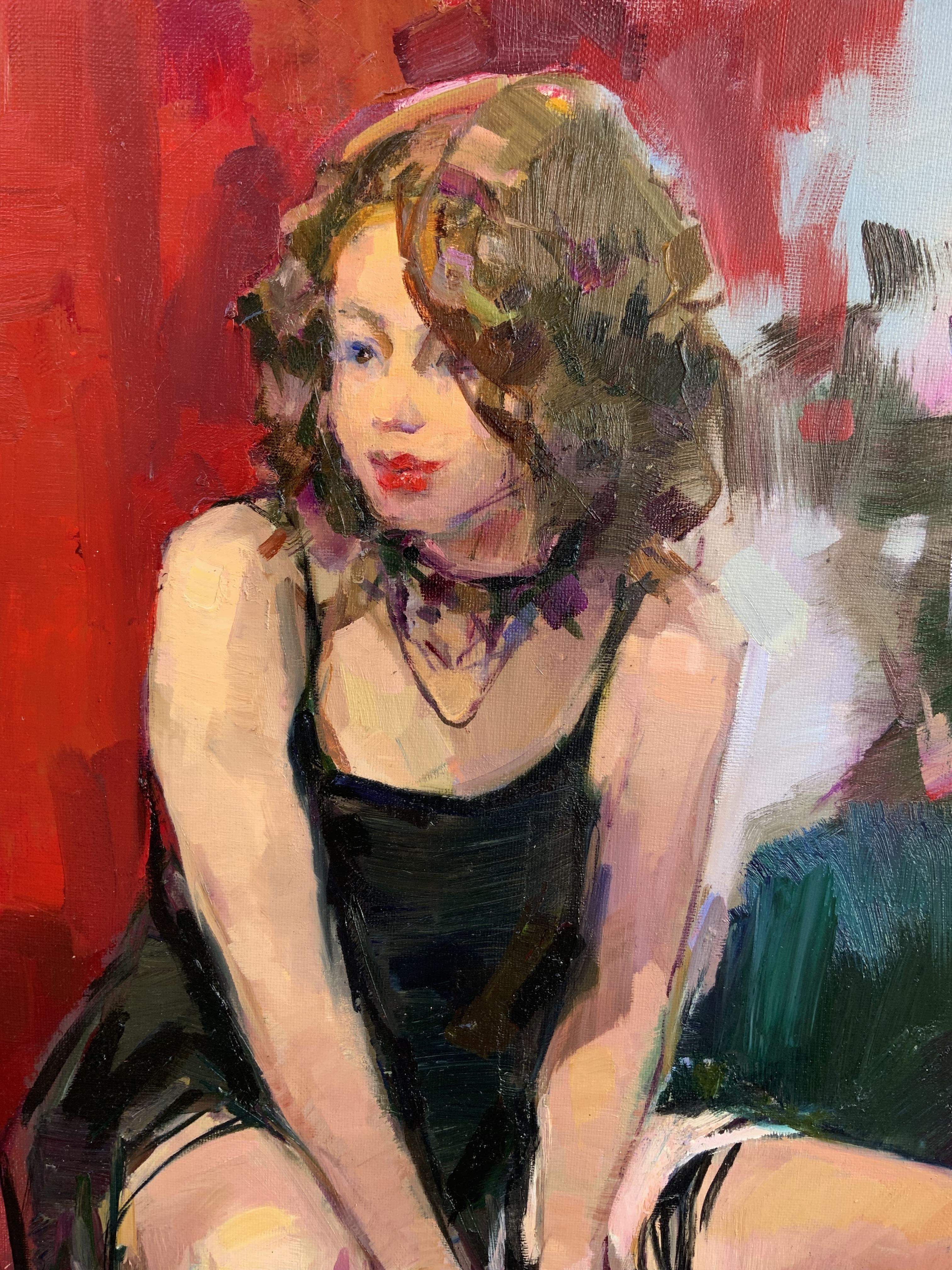 Rote Schuhe. Junge Frau, rote Absätze, schwarzes Kleid, Erwachsenwerden, amerikanische Künstlerin (Braun), Figurative Painting, von Daria Molostnova