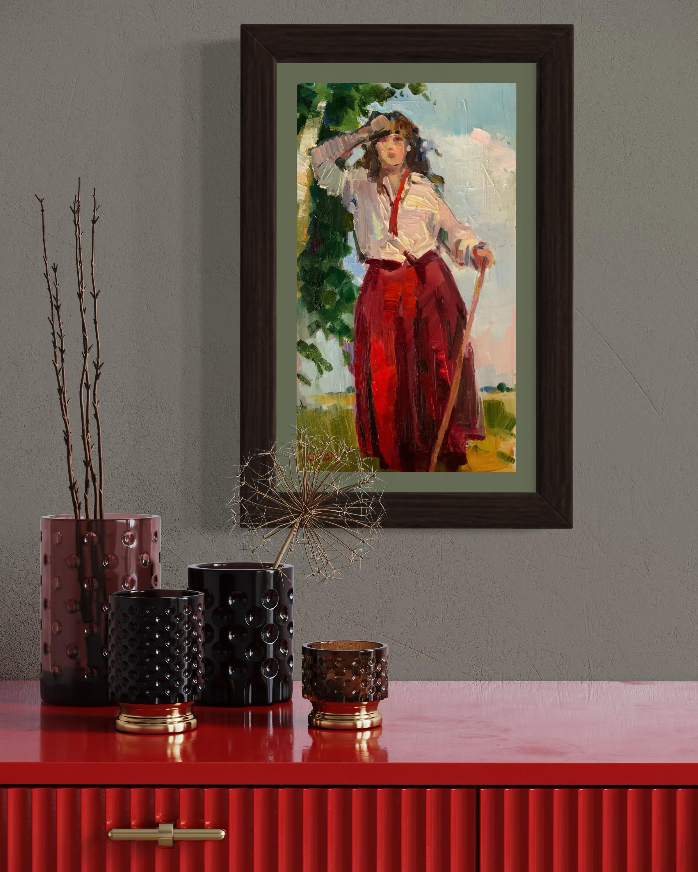 Repos. Peinture figurative, chaleur estivale, jupe rouge, bouleaux, vie rurale en vente 6