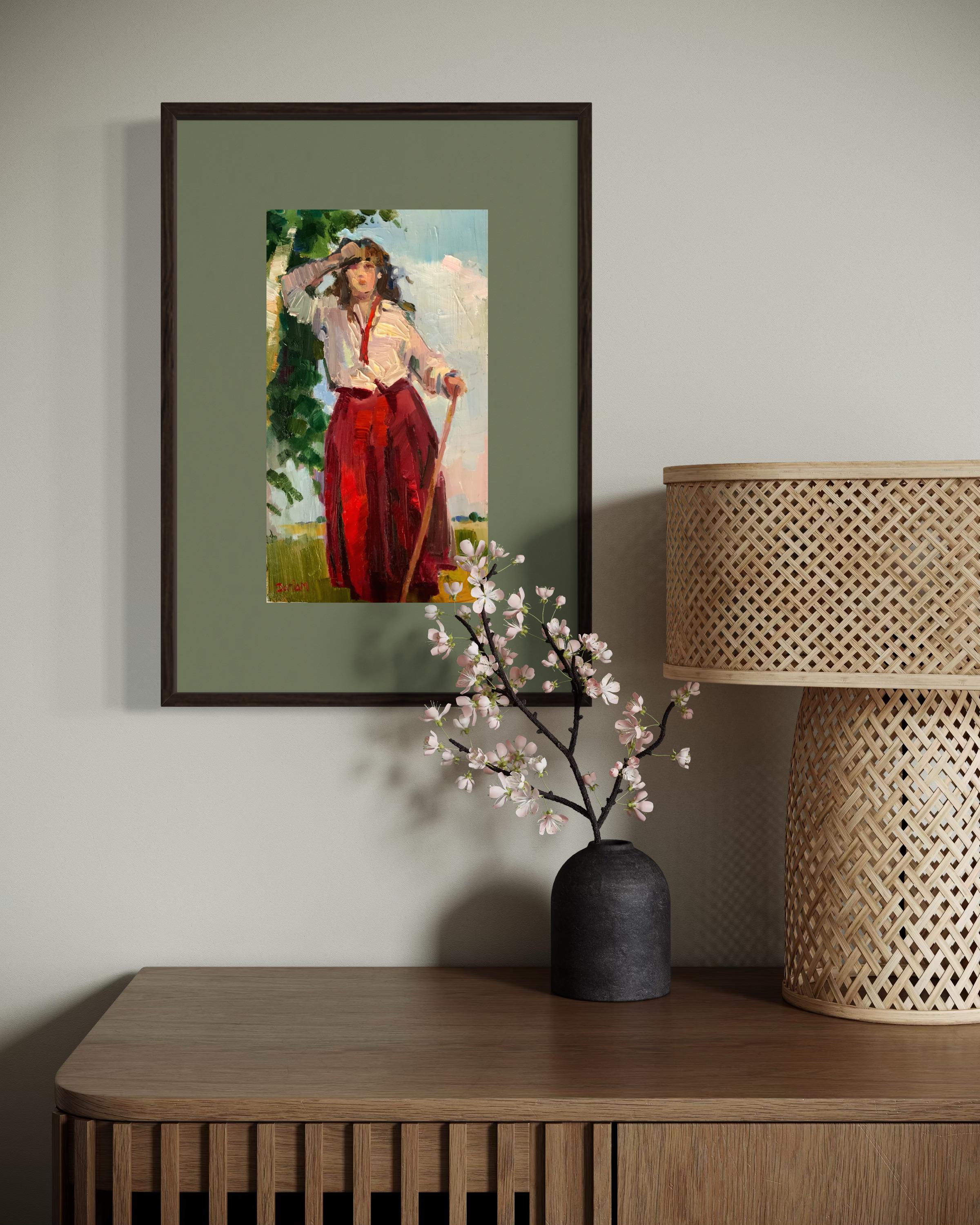 Repos. Peinture figurative, chaleur estivale, jupe rouge, bouleaux, vie rurale en vente 8
