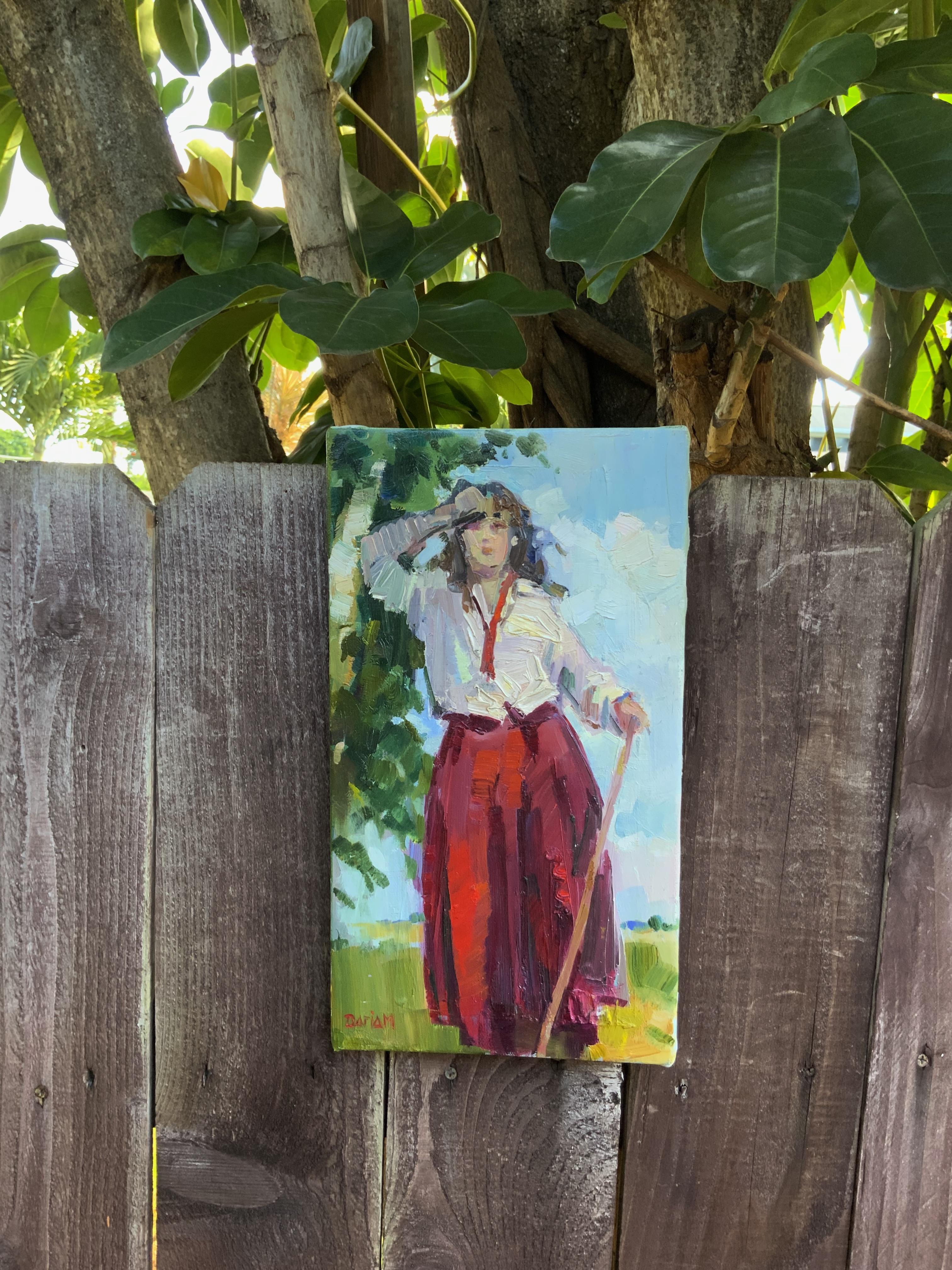 Repos. Peinture figurative, chaleur estivale, jupe rouge, bouleaux, vie rurale - Painting de Daria Molostnova