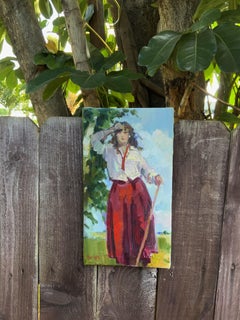 Rest. Small figurative painting, woman in red skirt, rural scene, impressionism