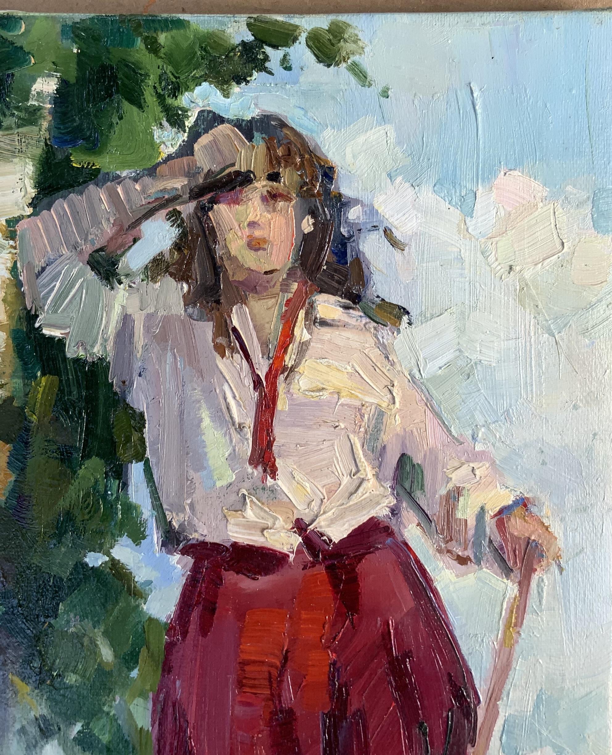 Repos. Peinture figurative, chaleur estivale, jupe rouge, bouleaux, vie rurale - Contemporain Painting par Daria Molostnova